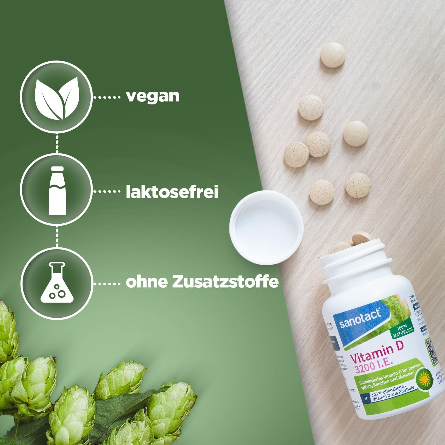 Tabletten, offene Flasche, grüne Blätter. Text: vegan, laktosefrei, ohne Zusatzstoffe. Flasche: Vitamin D 3200 I.E. von sanotact.