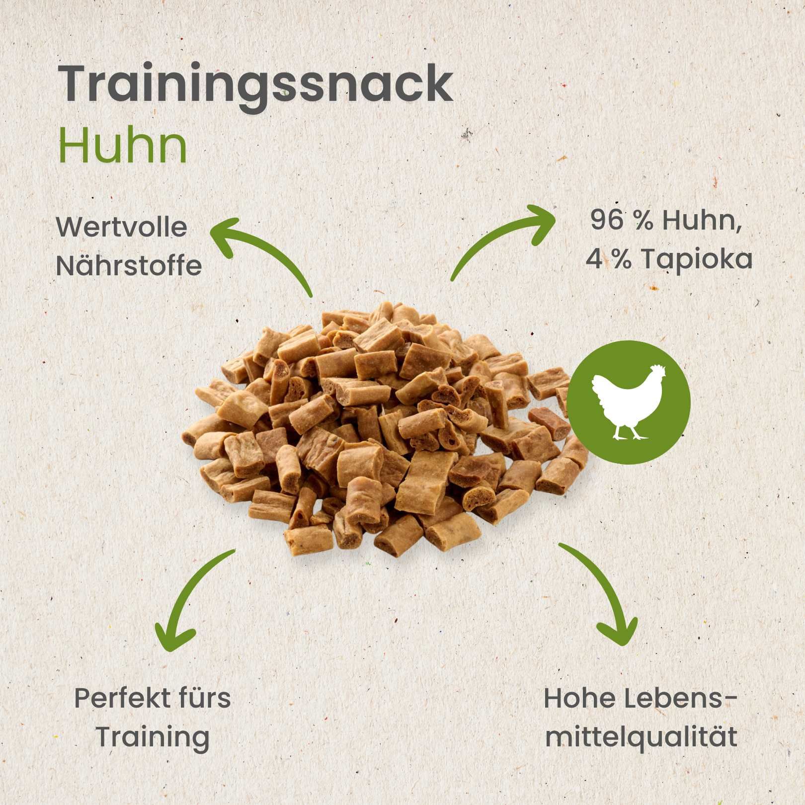 Hundefutter-Leckerlis: Huhn, 96% Huhn, 4% Tapioka. Wertvolle Nährstoffe, perfekt fürs Training.