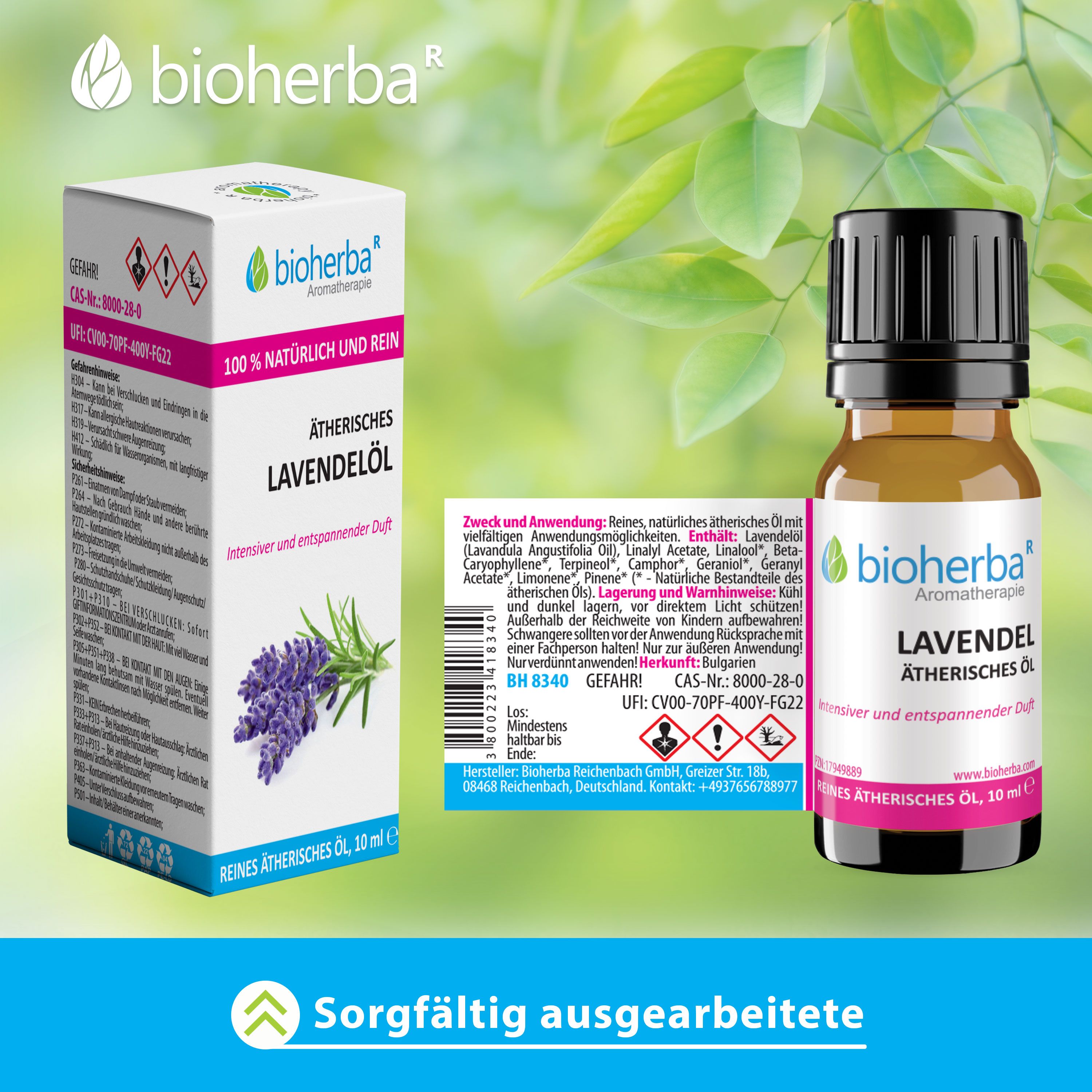 Braune Glasflasche mit schwarzem Deckel und Etikett. Daneben eine weiße Schachtel mit Produktinformationen und Lavendel-Illustration.