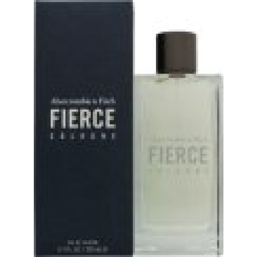 Abercrombie & Fitch Fierce Cologne Flakon und Schachtel. Rechteckiger Flakon, schwarzer Verschluss. Schwarze Schachtel mit Logo.