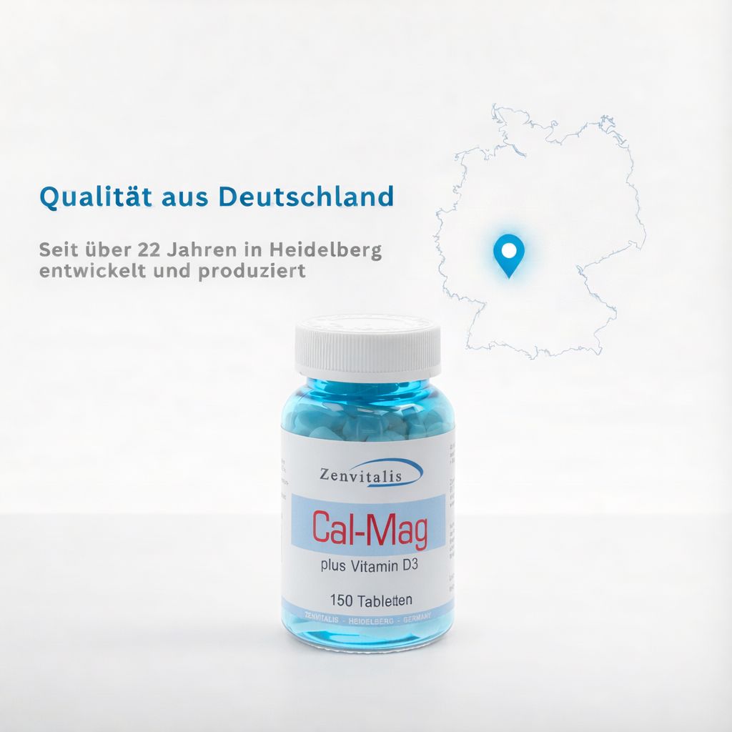 Blaue Flasche mit Tabletten. Text: Qualität aus Deutschland. Zenvitalis, Cal-Mag plus Vitamin D3, 150 Tabletten.