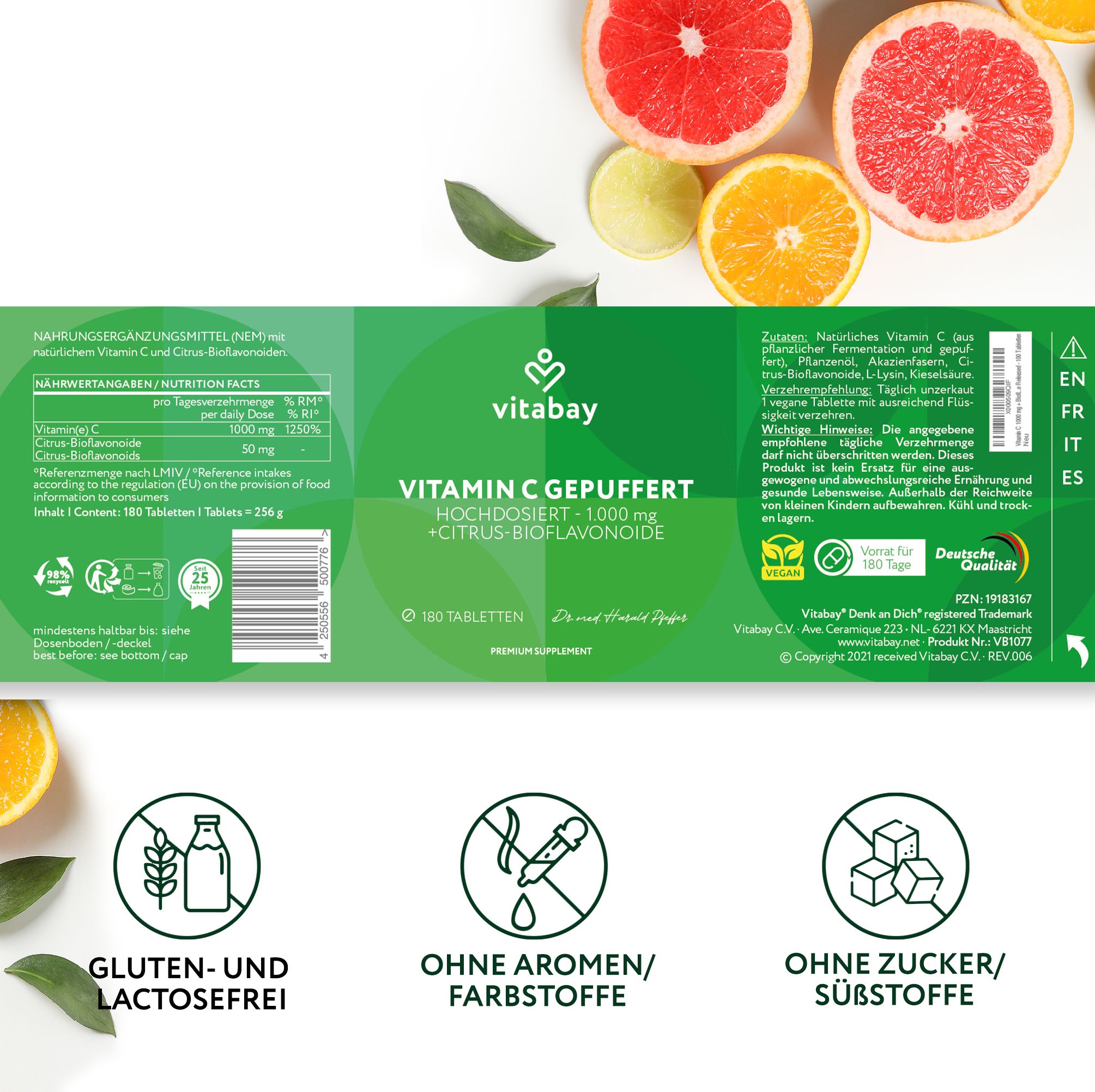 Etikett mit Informationen. Aufschrift: Vitamin C gepuffert + Citrus-Bioflavonoide. Gluten- und laktosefrei.