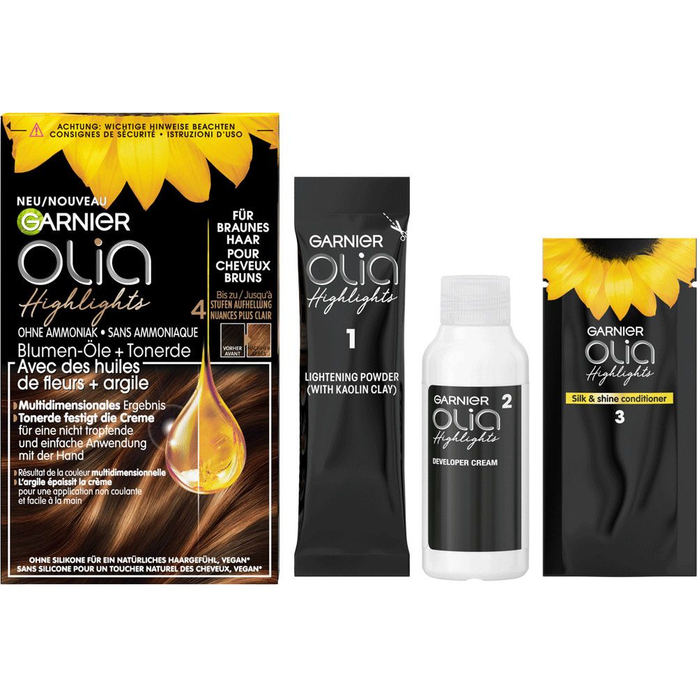 Produktverpackung mit drei Komponenten: Aufheller, Entwicklercreme und Conditioner. Schwarze Verpackung.