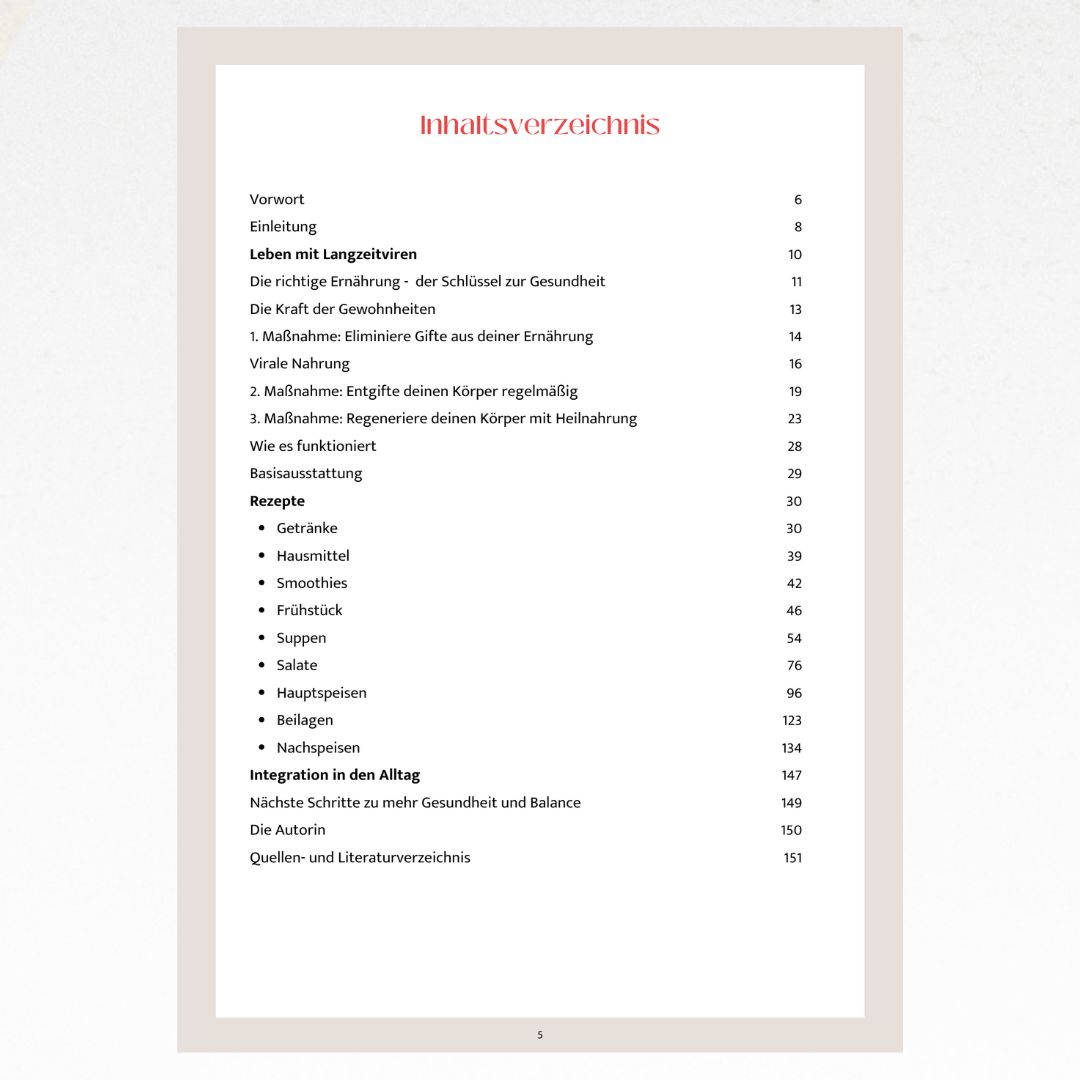 Inhaltsverzeichnis des Buches "Medizin der Zeit". Kapitelüberschriften in roter Schrift auf cremefarbenem Hintergrund.