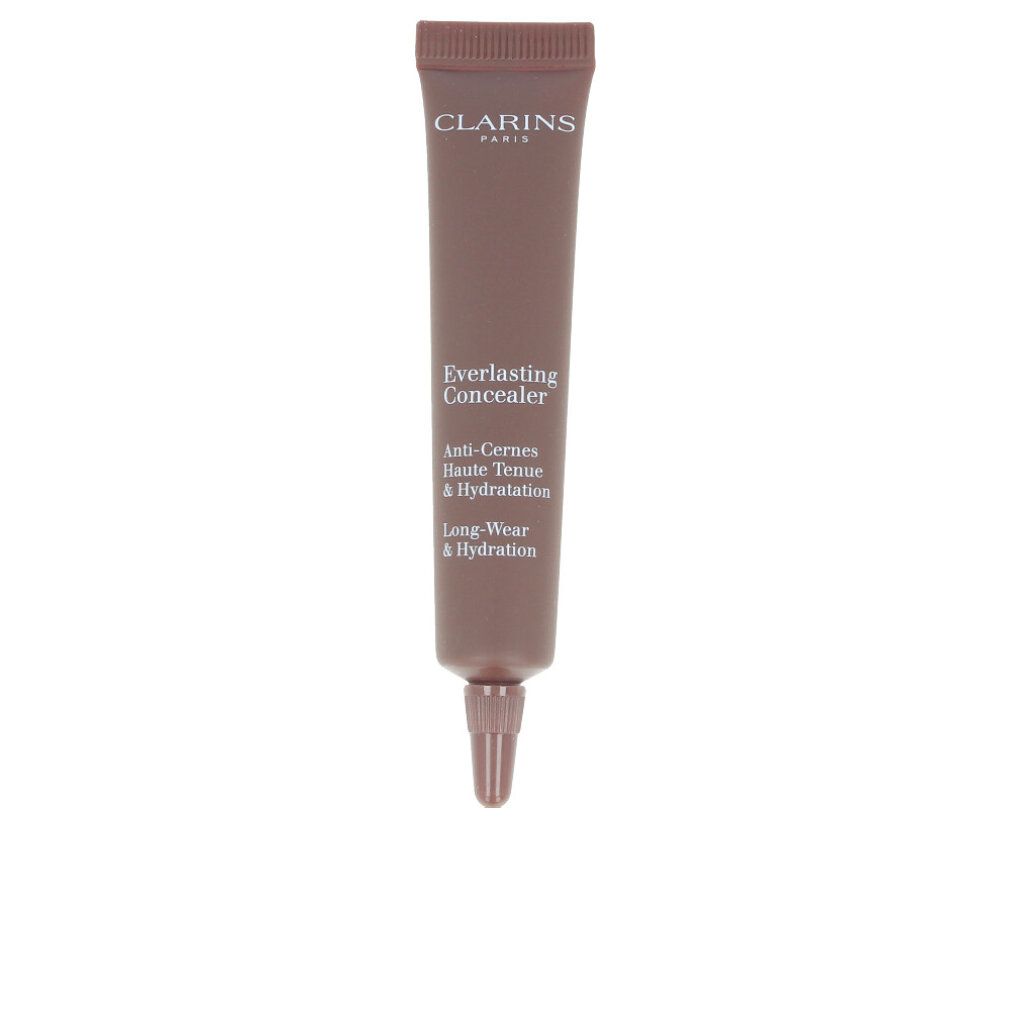 Concealer-Tube, braun. Schriftzug: CLARINS PARIS, Everlasting Concealer, Anti-Cernes Haute Tenue & Hydratation, Long-Wear & Hydration.