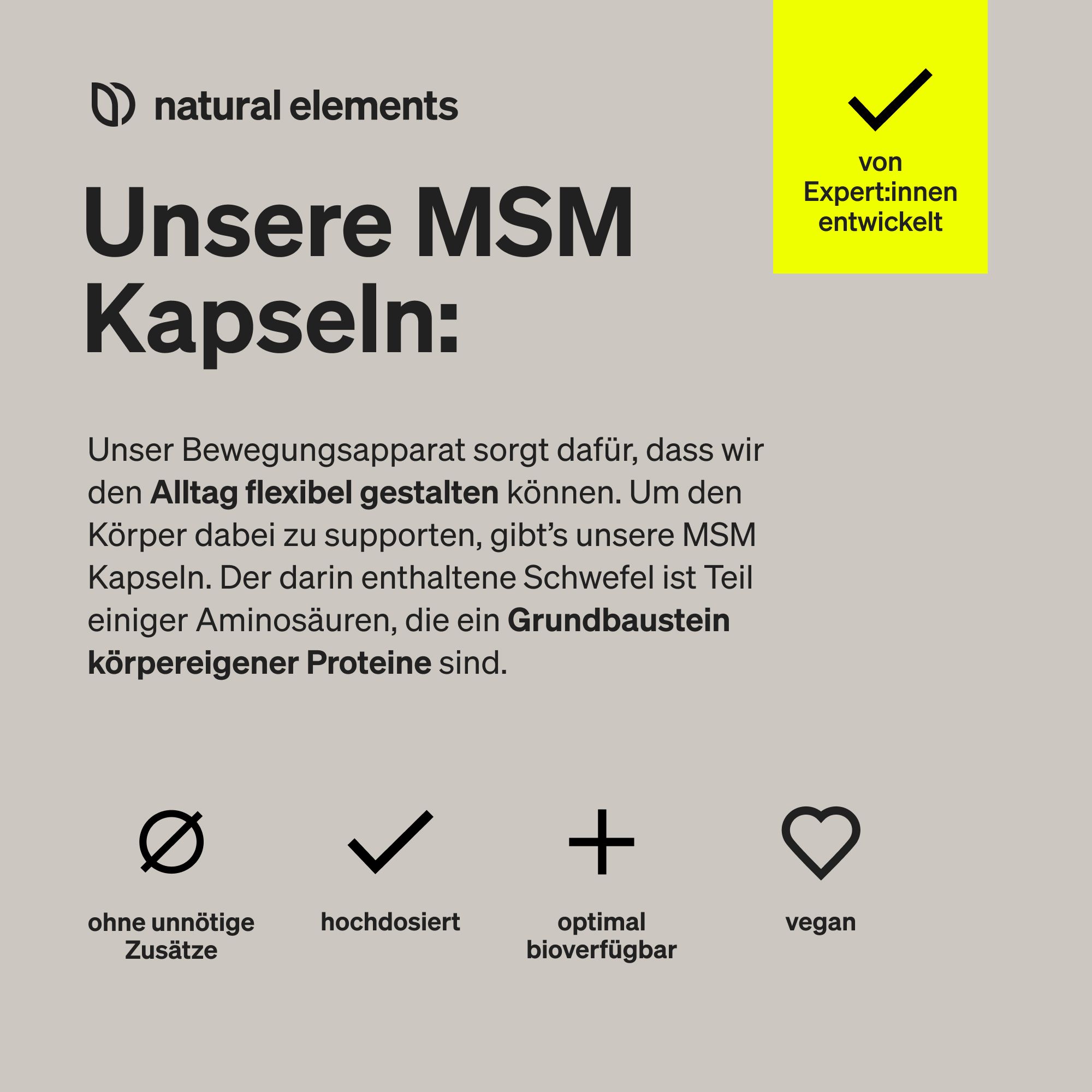 natural elements MSM Kapseln – 365 Kapseln – 1600mg Methylsulfonylmethan (MSM) Pulver pro Tagesdosis