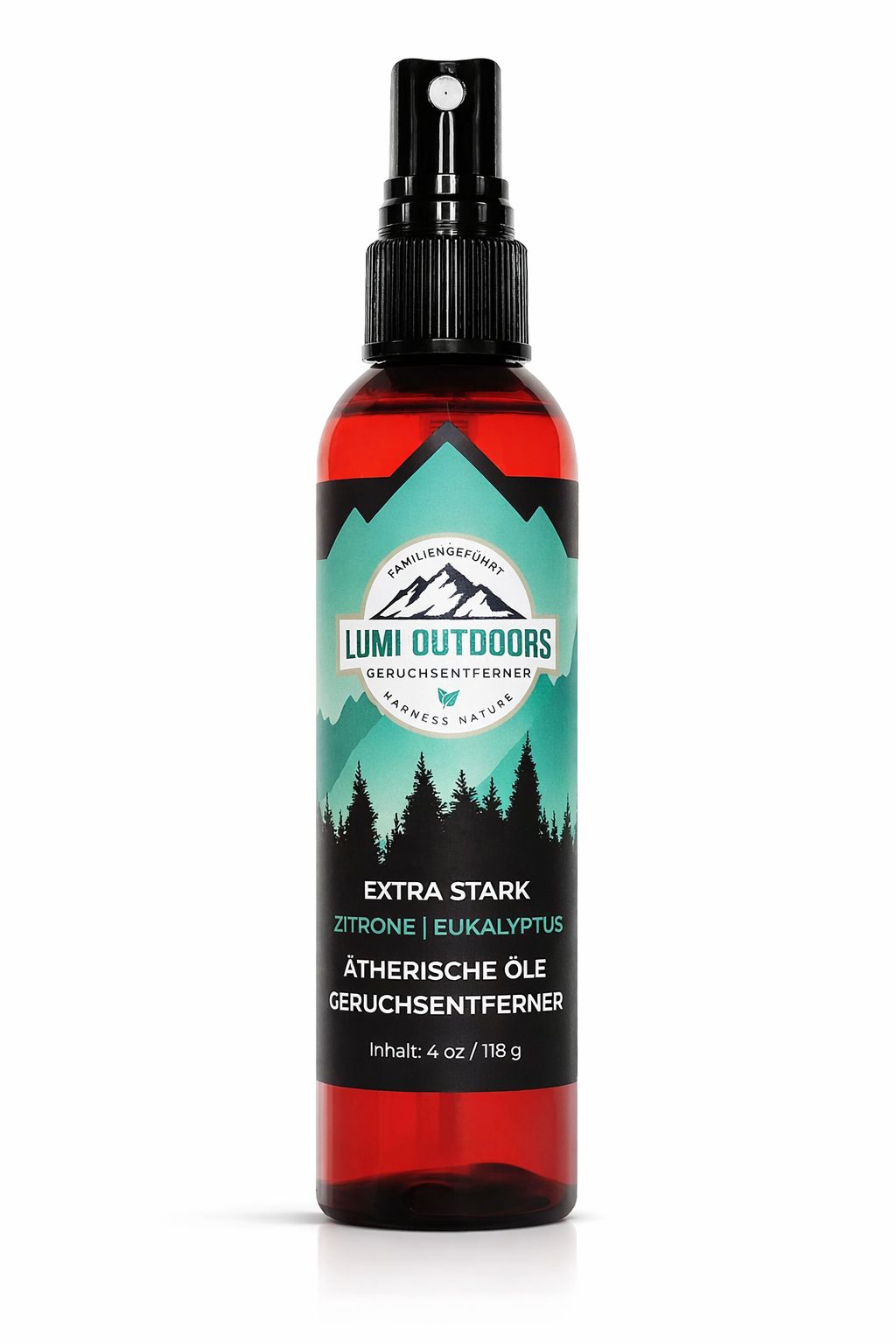 Braune Sprühflasche mit schwarzem Sprühkopf. Etikett mit Logo, Text: Extra Stark, Zitrone/Eukalyptus, Ätherische Öle, Geruchsentferner.