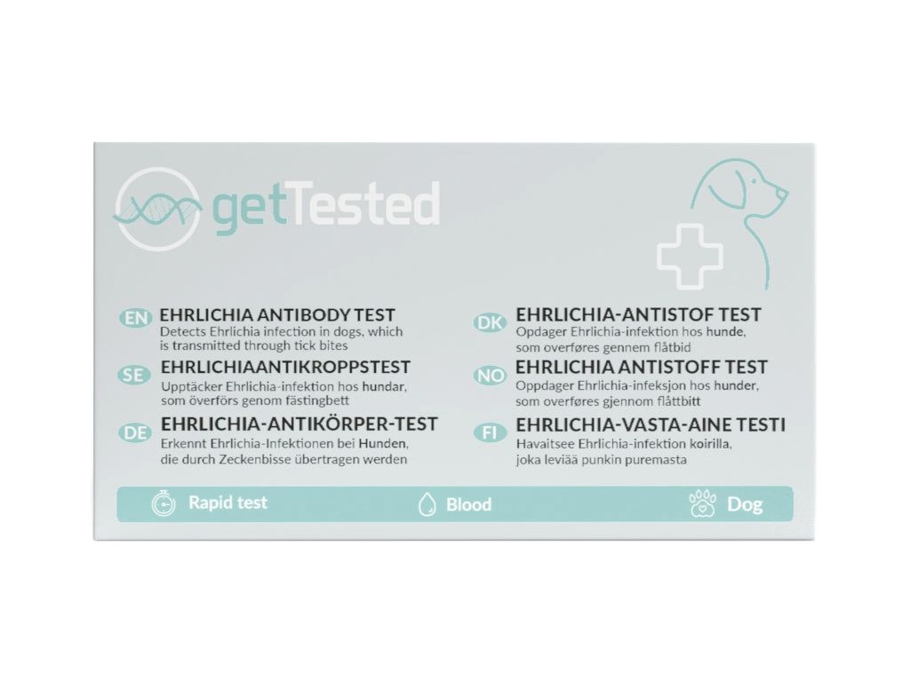GetTested Ehrlichia-Antikörper-Test. Enthält Text in Deutsch, Englisch, Schwedisch, Dänisch, Norwegisch und Finnisch. Mit Hund-Symbol.