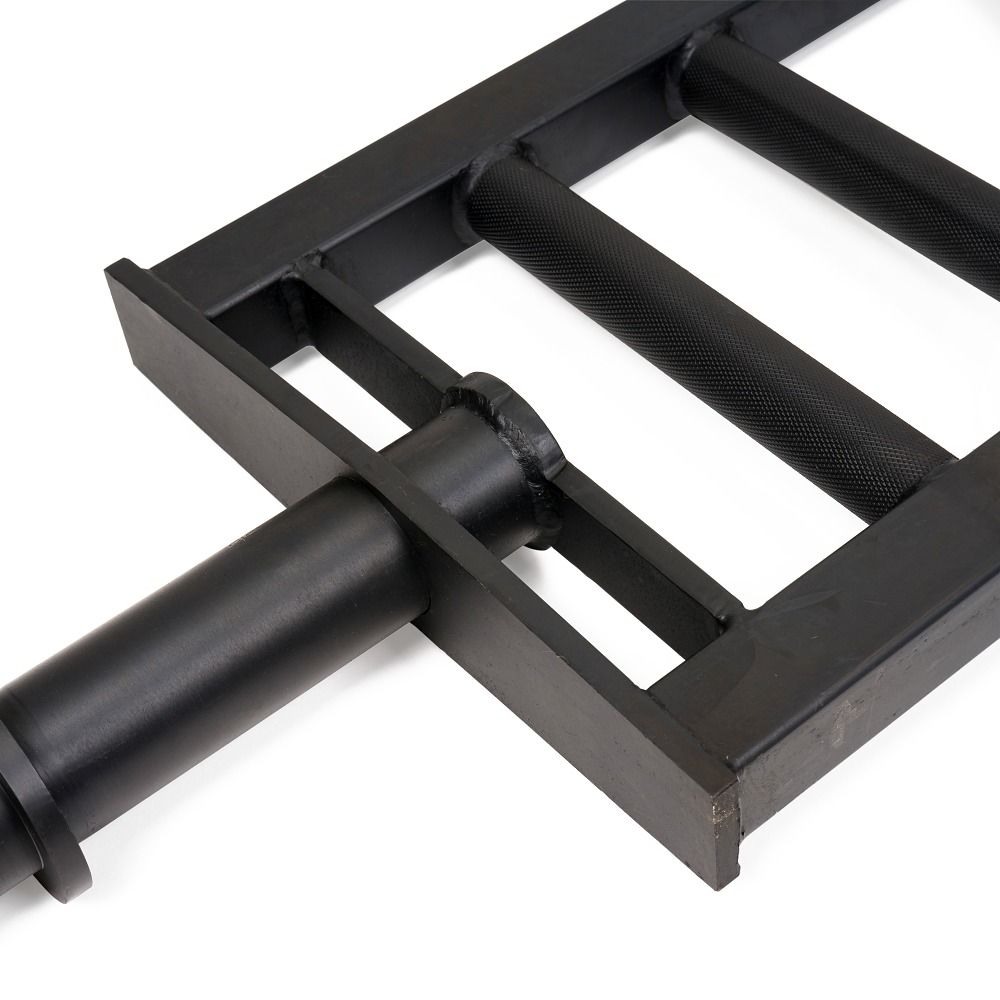 Nahaufnahme einer schwarzen Langhantelstange mit mehreren Griffen. Detailansicht.