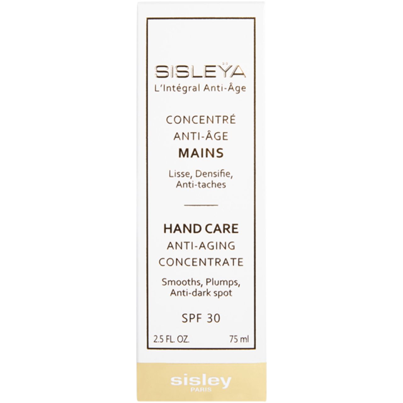 Weiße Verpackung mit Aufschrift: Sisleya, Anti-Age, Concentré Anti-Âge Mains, Hand Care Anti-Aging Concentrate, SPF 30. 2.5 FL OZ, 75 ml.