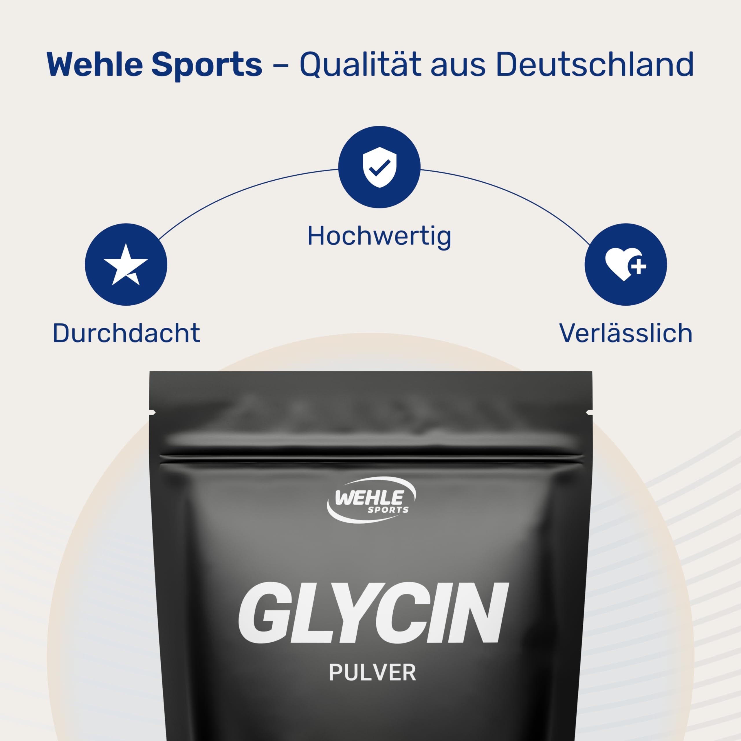 Schwarze Verpackung mit weißem Boden. Aufschrift GLYCIN PULVER. Marke: WEHLE SPORTS. Text: Qualität aus Deutschland, Hochwertig, Zuverlässig.