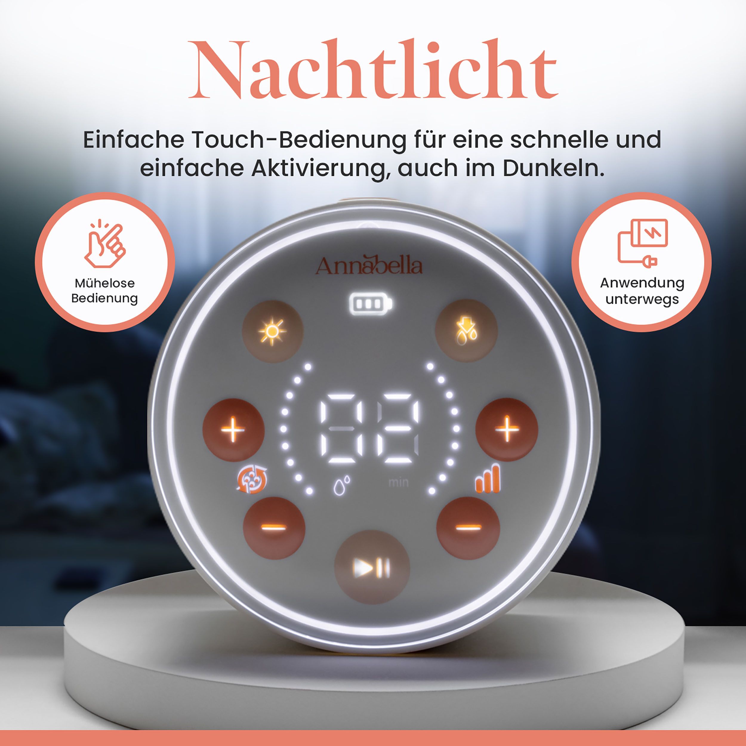 Bedienfeld der Milchpumpe mit beleuchteten Knöpfen. Text: Nachtlicht. Einfache Touch-Bedienung. Symbole für Funktionen.