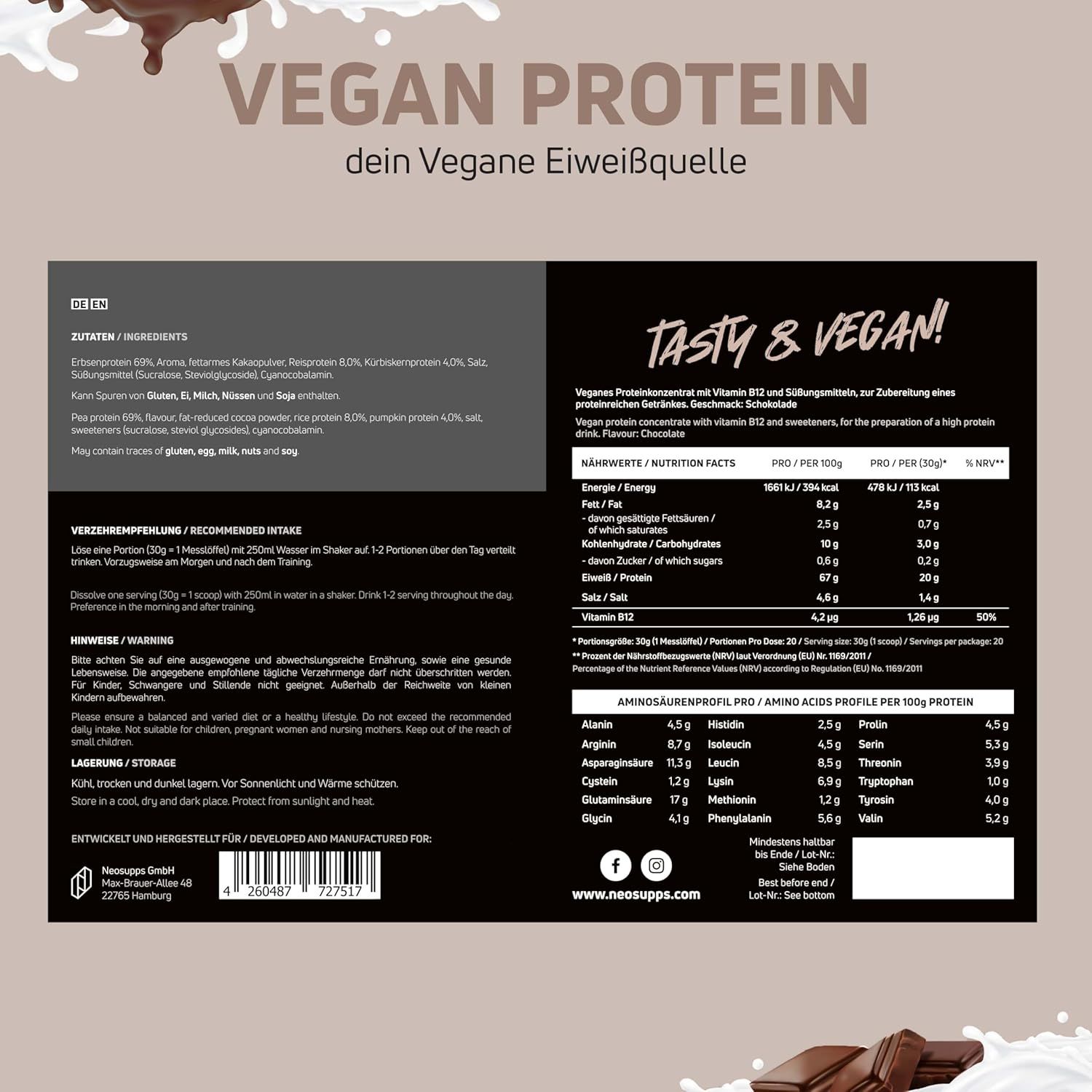 Infotafel mit Nährwertangaben und Zutaten. Aufschrift: Vegan Protein. Enthält Aminosäurenprofil. Text in Deutsch und Englisch.