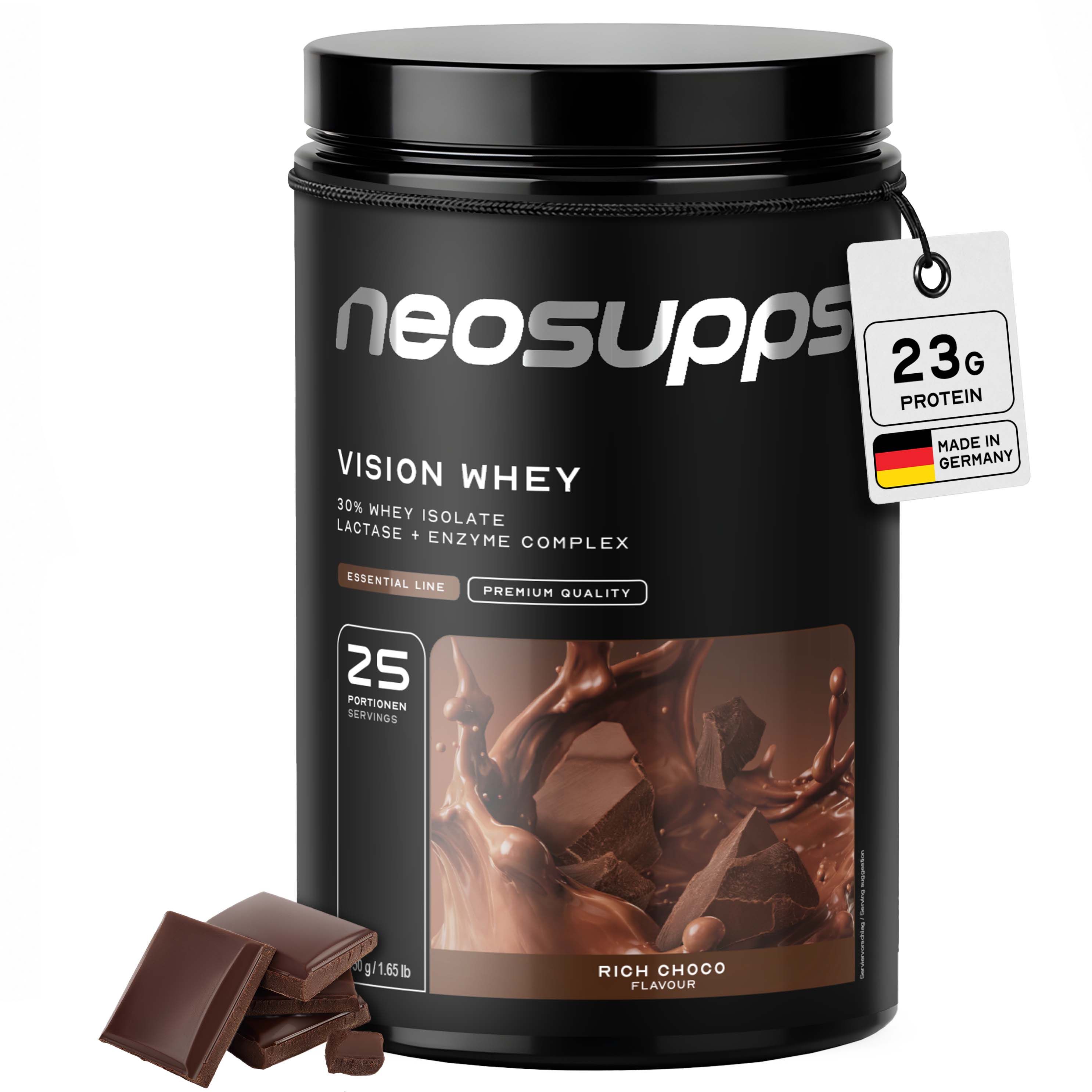 Neosupps Vision Whey Protein Pulver Rich Choco Dose mit Schokoladenstückchen und einem "Made in Germany" Siegel.