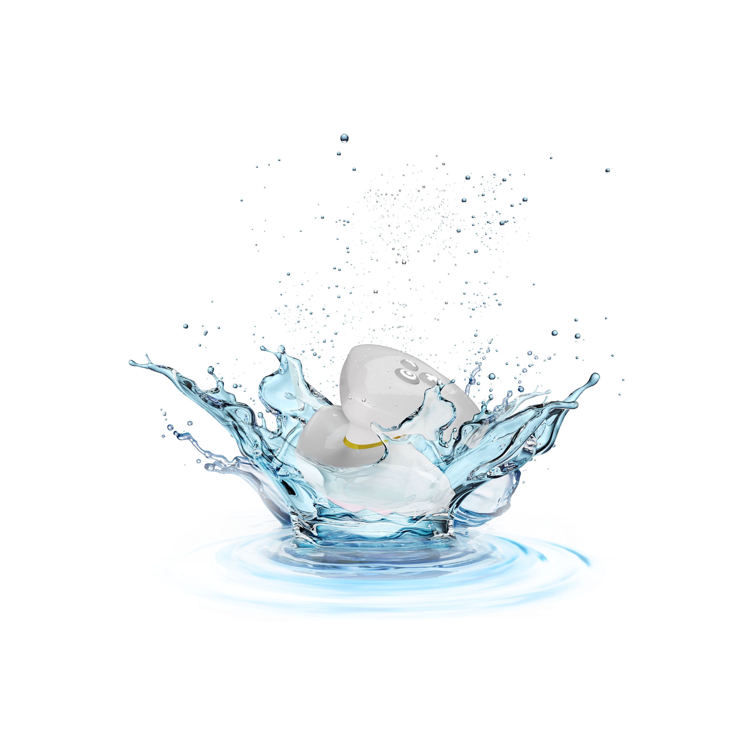 Zwei weiße und goldfarbene Objekte in einem Wasserspritzer.