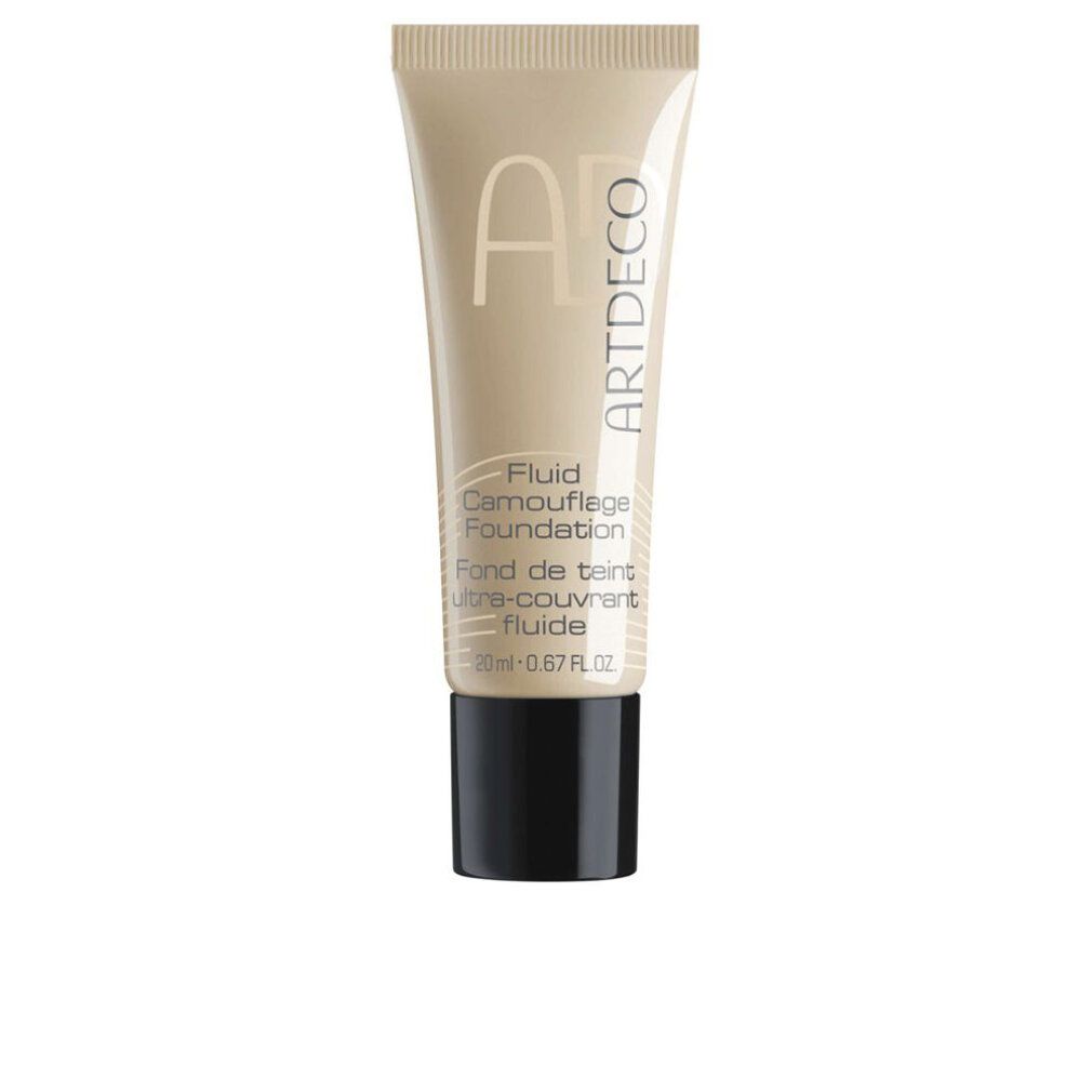 Artdeco Fluid Camouflage Foundation. Beige Tube mit schwarzem Deckel. Produktbezeichnung und Logo sichtbar.