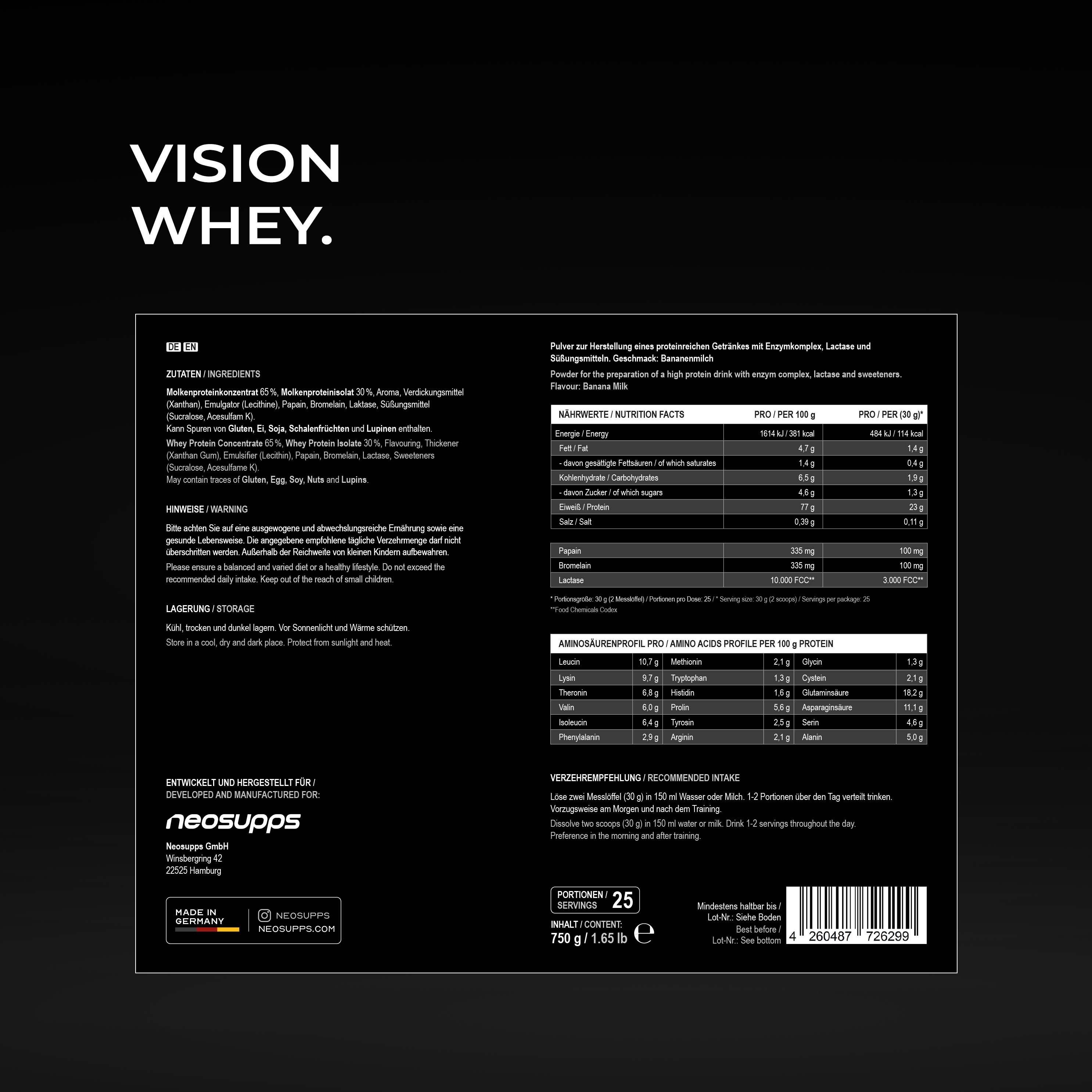 Rückseite der Neosupps Vision Whey Protein Dose mit Nährwertangaben und Zutaten.