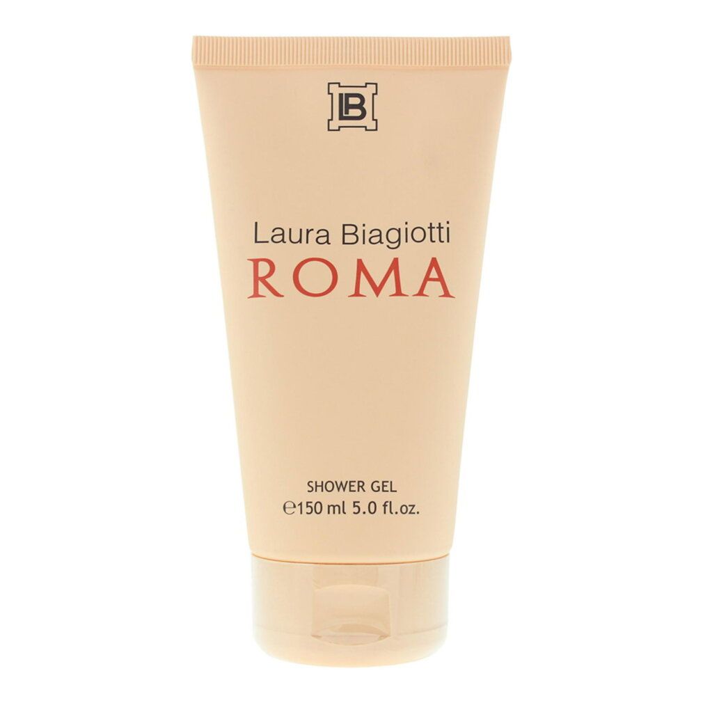 Laura Biagiotti Roma Duschgel, 150 ml. Helle beige Verpackung mit dezentem Muster.