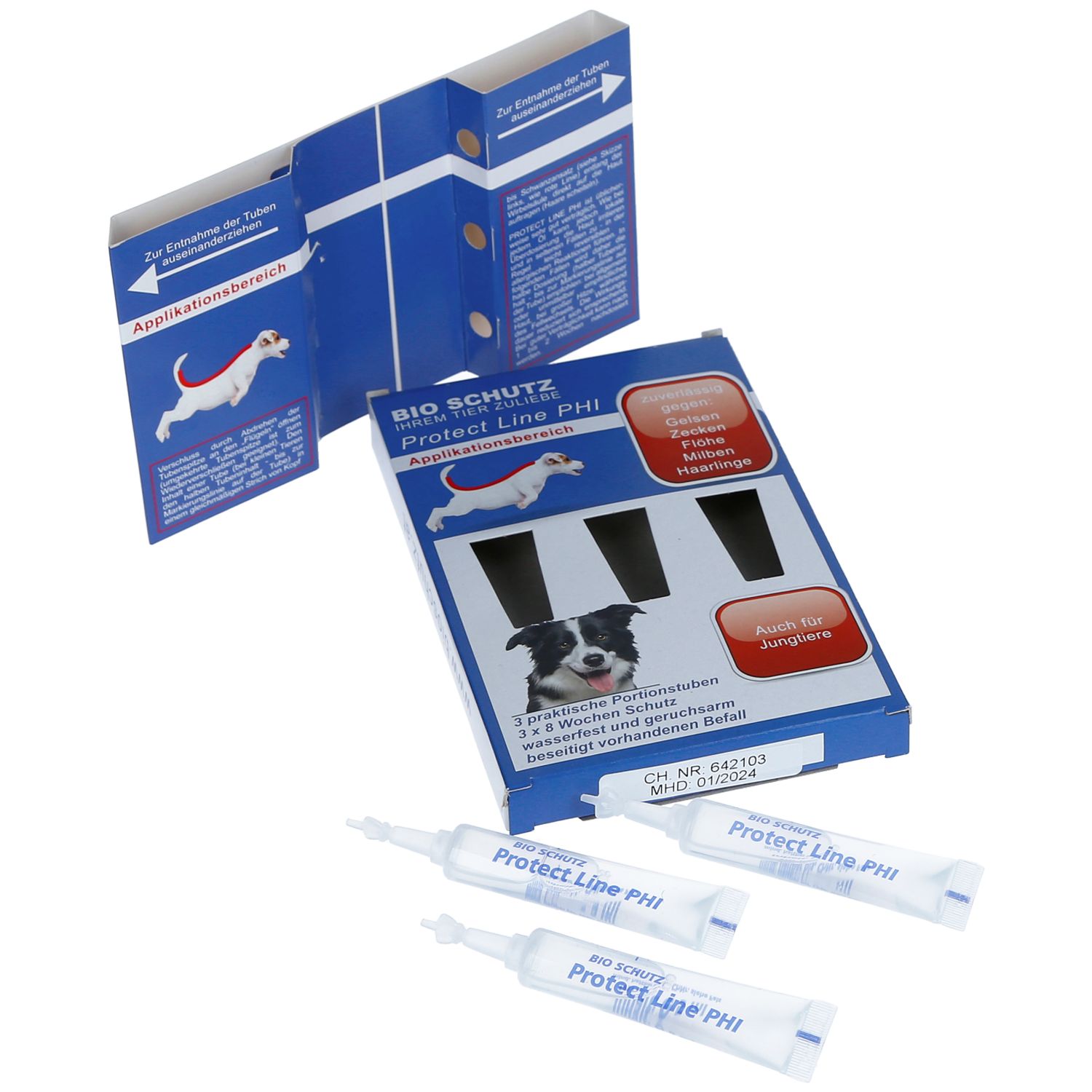 Geöffnete Produktverpackung mit drei Applikatoren und drei Tuben. Text: Bio Schutz Protect Line PHI, Applikationsbereich, zuverlässig gegen: Zecken, Flöhe, Milben, Haarlinge. Auch für Jungtiere.