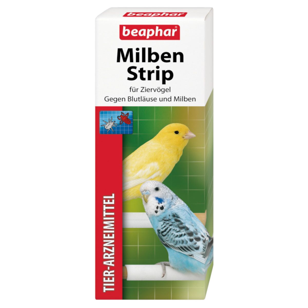 Verpackung mit "Beaphar Milben Strip". Text: "für Ziervögel Gegen Blutläuse und Milben". Gelber und blauer Vogel auf grünem Hintergrund.