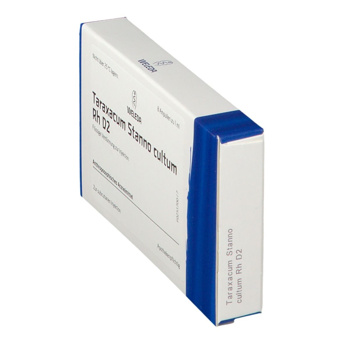 Weleda-Verpackung Taraxacum Stanno cultum Rh D2. Blaue und weiße Schachtel. Seitenansicht mit Text.