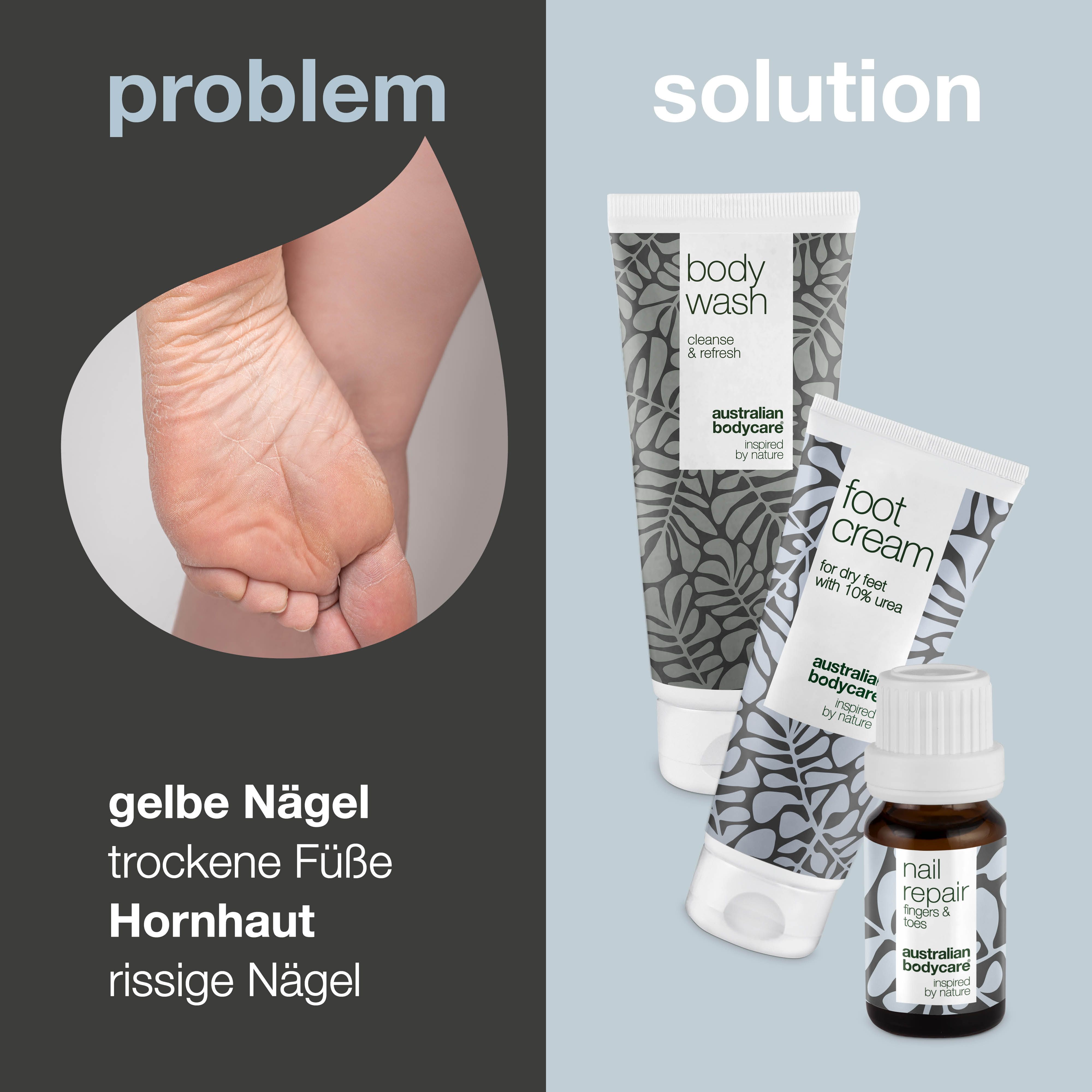 Problem: Gelbe Nägel, trockene Füße, Hornhaut, rissige Nägel. Lösung: Produkte von Australian Bodycare.