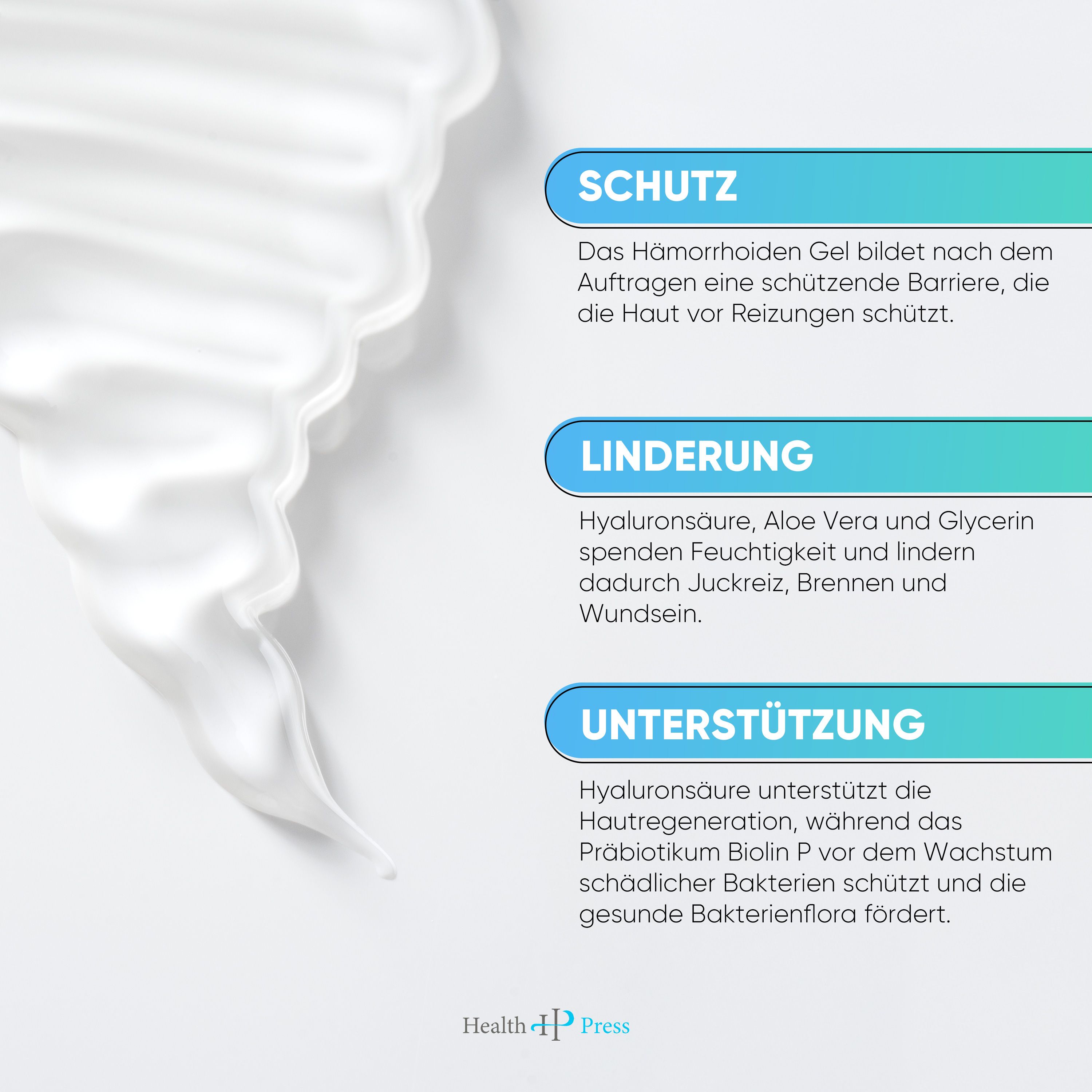 Health Press® Hämorrhoiden Gel, Schaum. Text: Schutz, Linderung, Unterstützung. Inhaltsstoffe: Hyaluronsäure, Aloe Vera, Glycerin, Probiotikum.