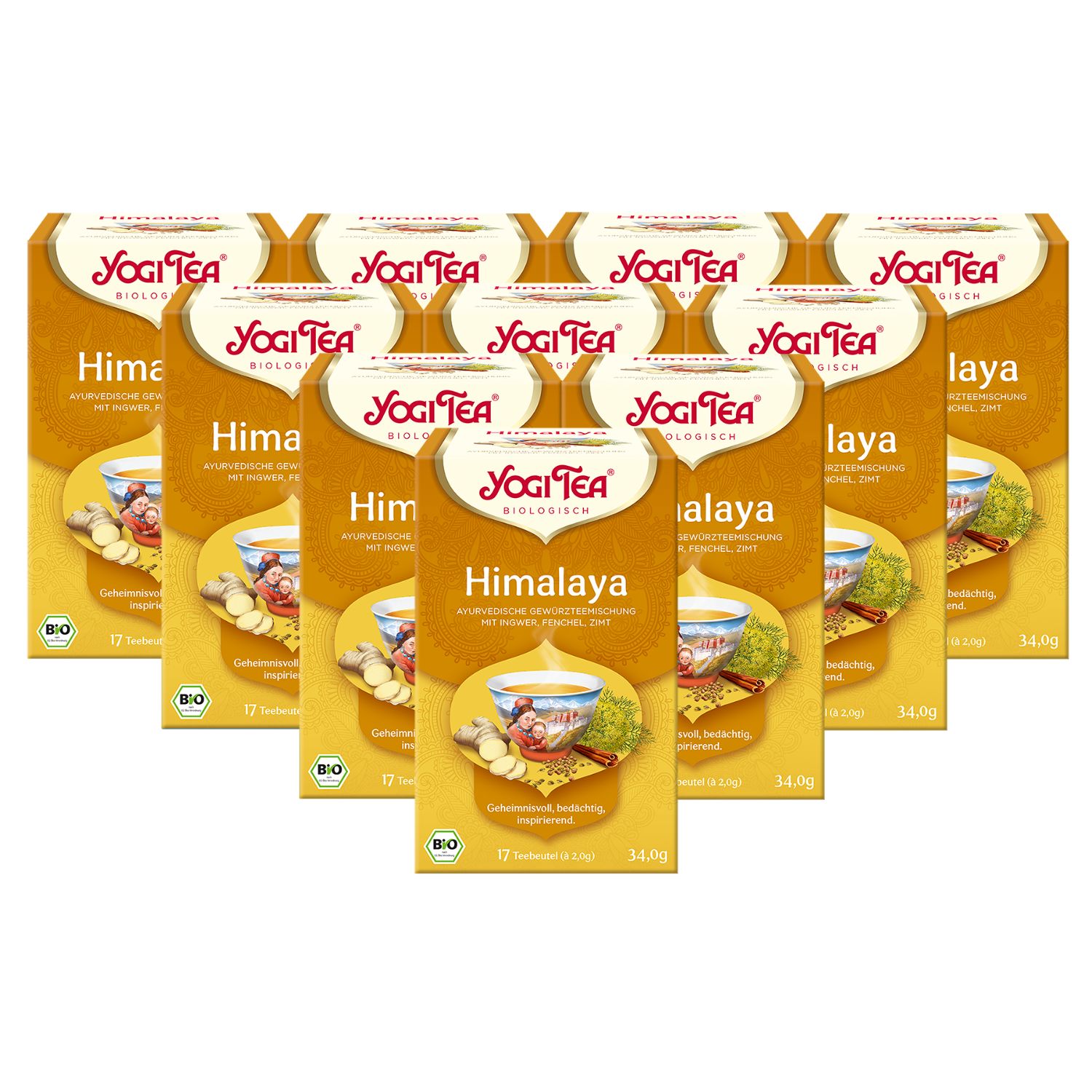 Mehrere Packungen Yogi Tea Himalaya Bio Gewürztee. Goldfarbene Verpackung mit Logo und Produktbezeichnung. 17 Beutel.