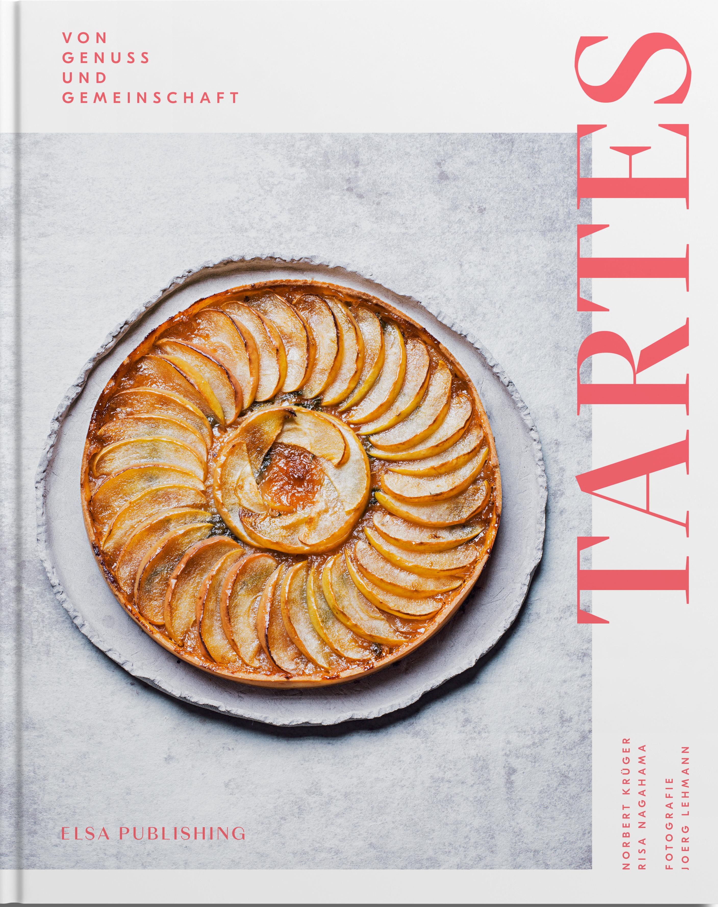 Buchcover mit Apfeltarte auf Teller. Titel: Tartes. Verlag: Elsa Publishing. Autorennamen.