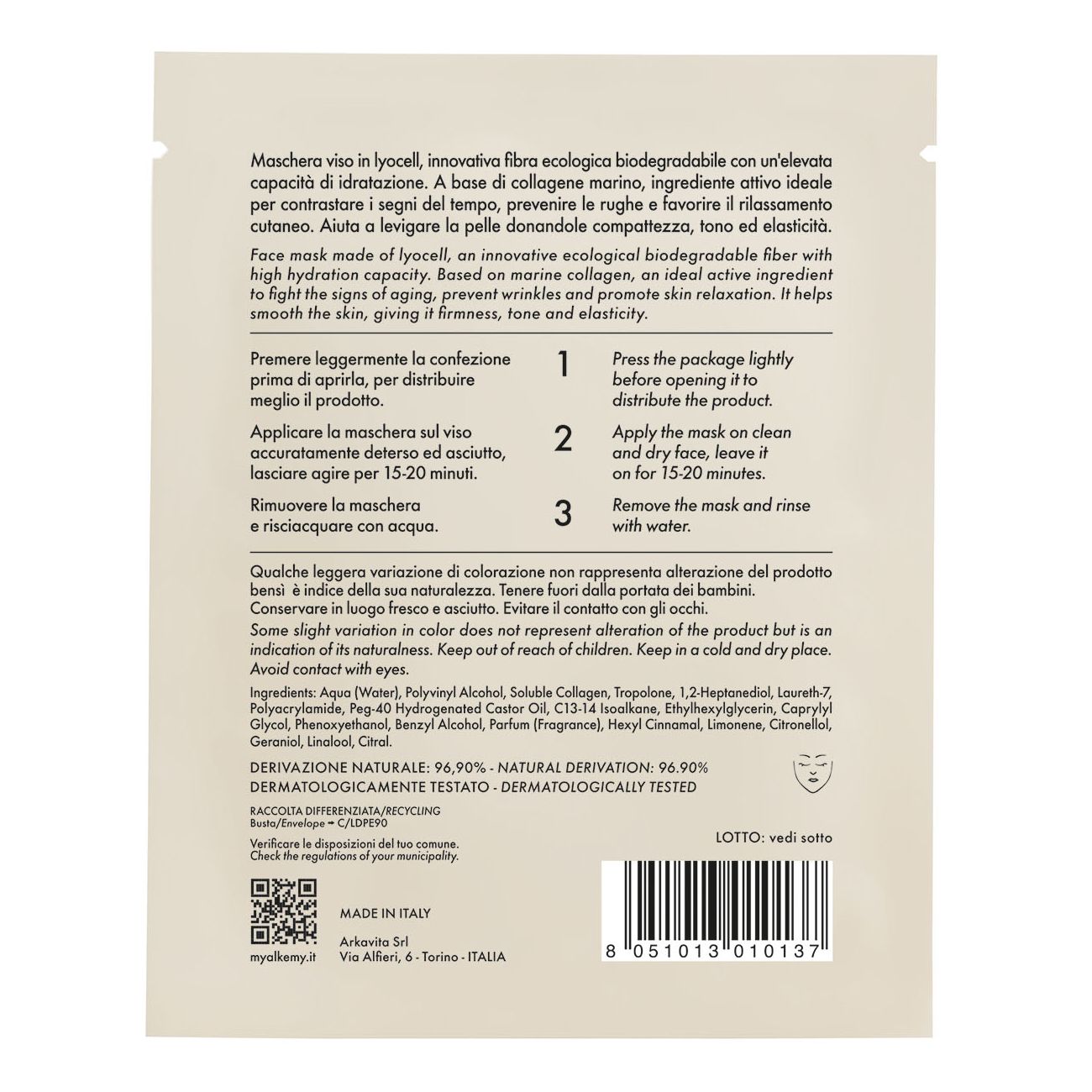 Rückseite einer Alkemy Gesichtsmaskenverpackung mit Produktinformationen und Anwendungshinweisen.