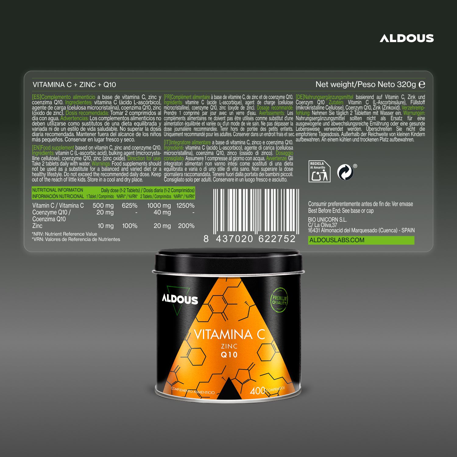Aldous – Vitamin C mit Zink, Coenzym Q10 – Immunsystem, Müdigkeit