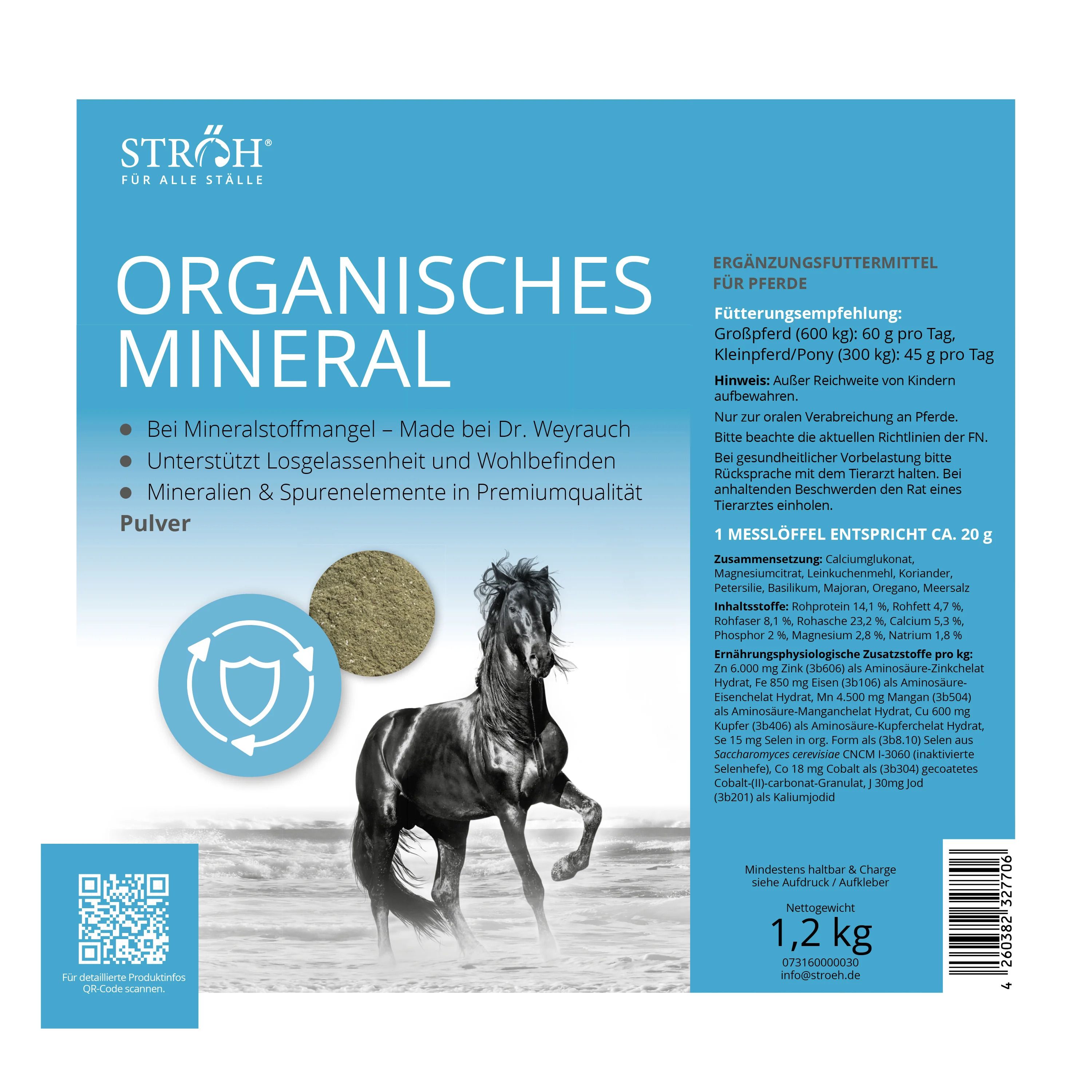 Weiße Verpackung mit Text: ORGANISCHE MINERAL. Abbildung eines Pferdes. Text und Logo. 1,2 kg. Ergänzungsfuttermittel.