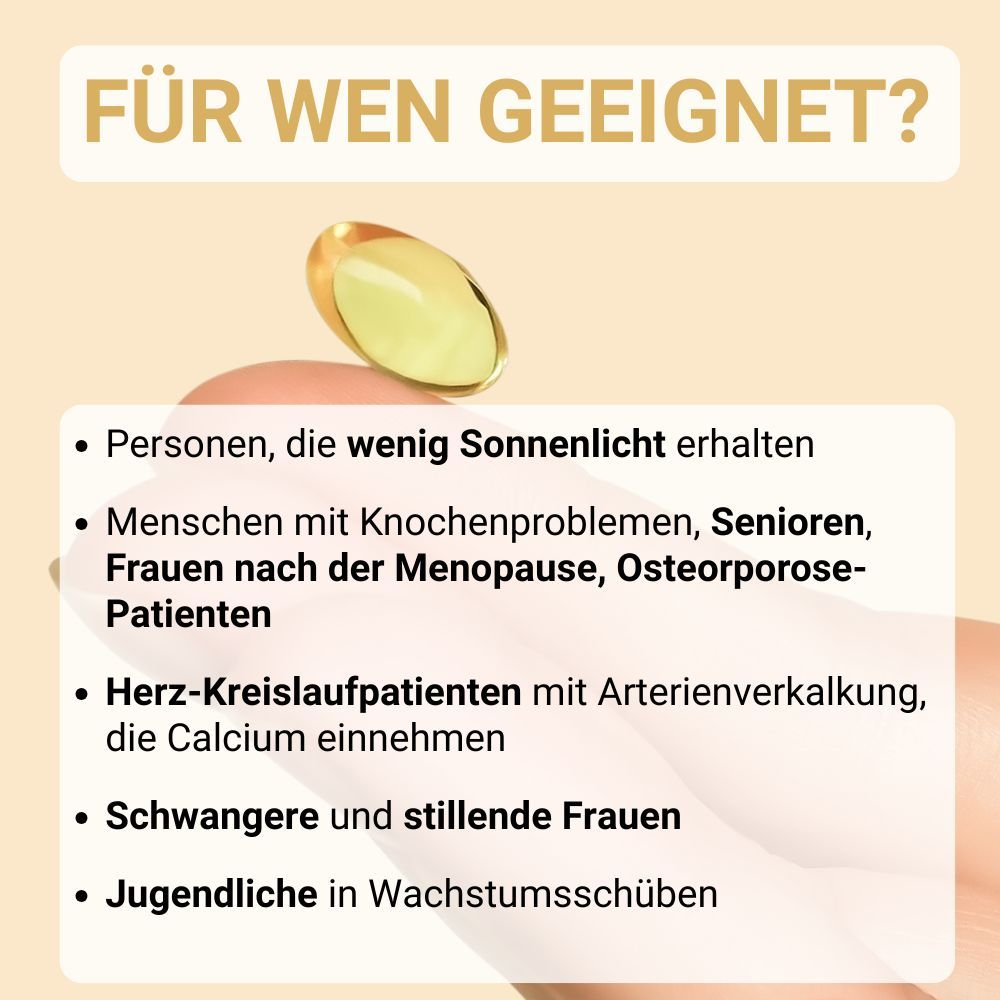 Hand mit Kapsel. Text: Für wen geeignet? Personen, die wenig Sonnenlicht erhalten, etc.