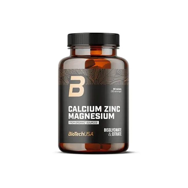 Braune Flasche mit schwarzem Deckel. Aufschrift: Calcium Zinc Magnesium, BiotechUSA. Enthält 90 Tabletten.