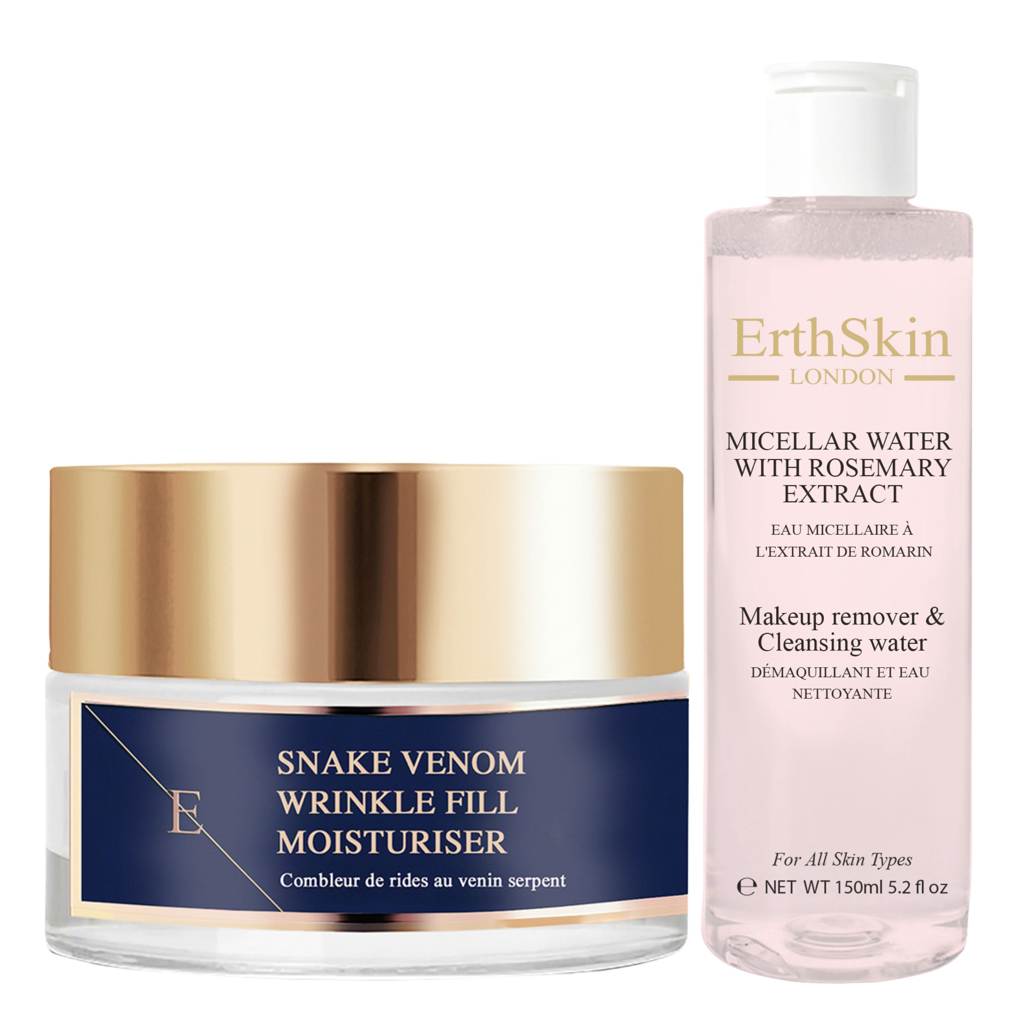 Creme- und Mizellenwasser-Produkt. Creme-Glas mit goldenem Deckel und blauem Etikett. Mizellenwasser-Flasche mit rosa Flüssigkeit.