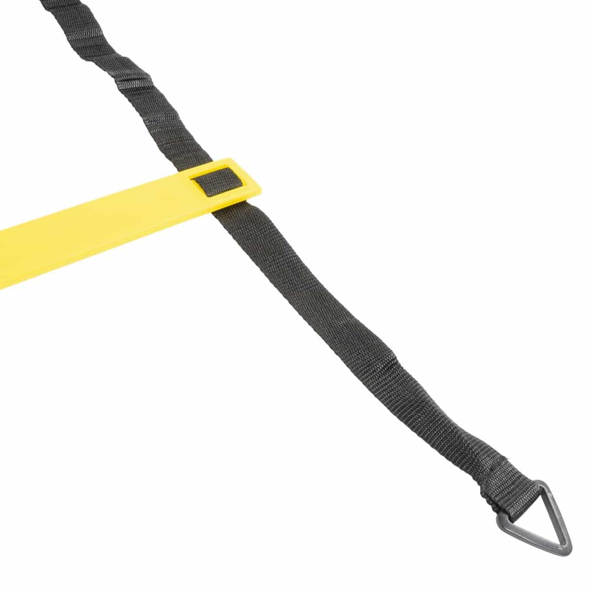 Gelbe Sprosse und schwarzes Gurtband. Dreiecksring am Ende. Schwarzes Gurtband.