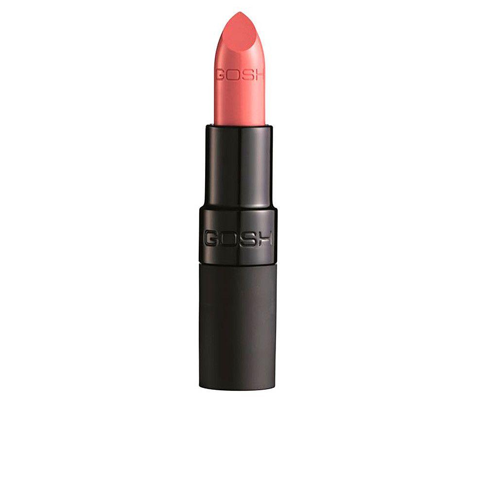 Lippenstift, rosa Farbe, schwarze Hülse. Marke GOSH sichtbar. Matt Rose.