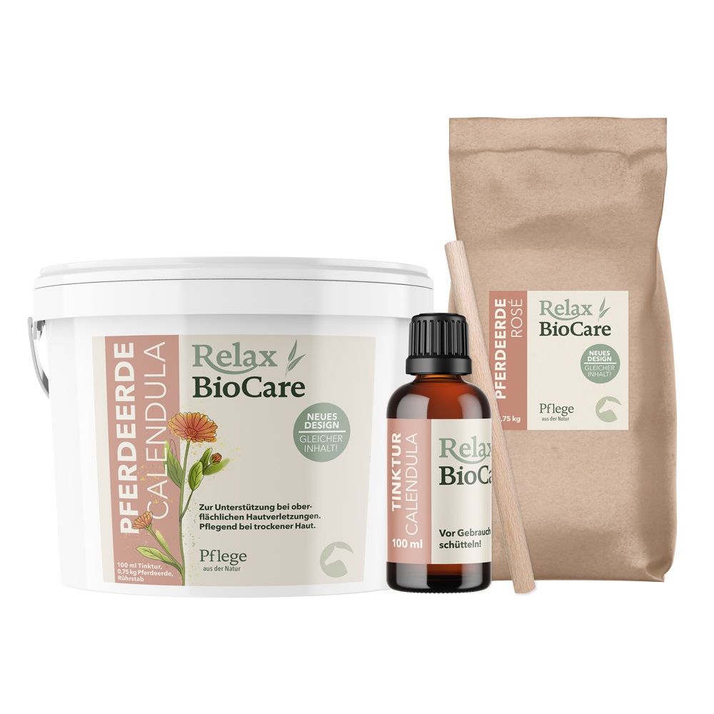 Drei Produkte: Eimer, Flasche und Beutel. Eimer und Beutel mit Aufschrift Relax BioCare. Flasche mit Aufschrift Tinktur Calendula.