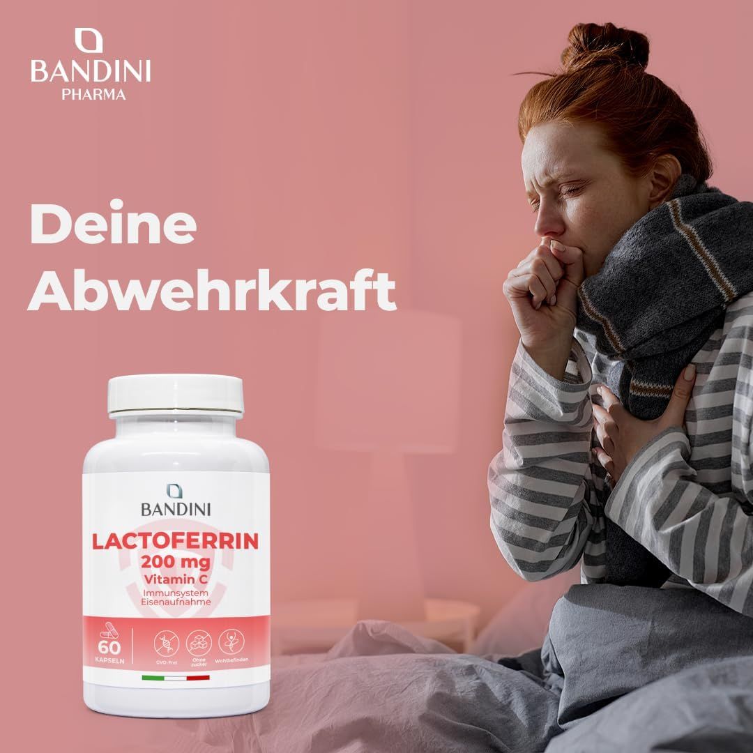 Weiße Flasche mit Kapseln. Aufschrift: Bandini Lactoferrin 200 mg Vitamin C. Frau hustet.