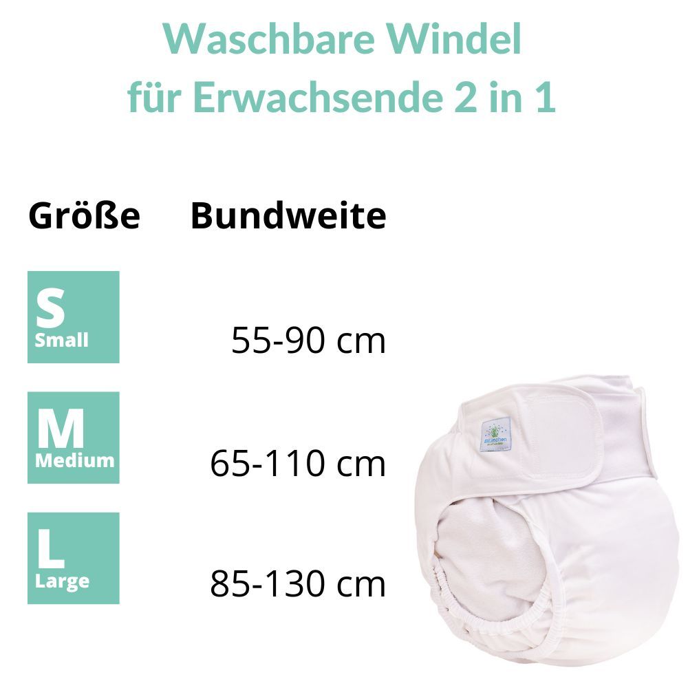 Größentabelle für waschbare Inkontinenzwindeln für Erwachsene: S (55-90 cm), M (65-110 cm), L (85-130 cm).