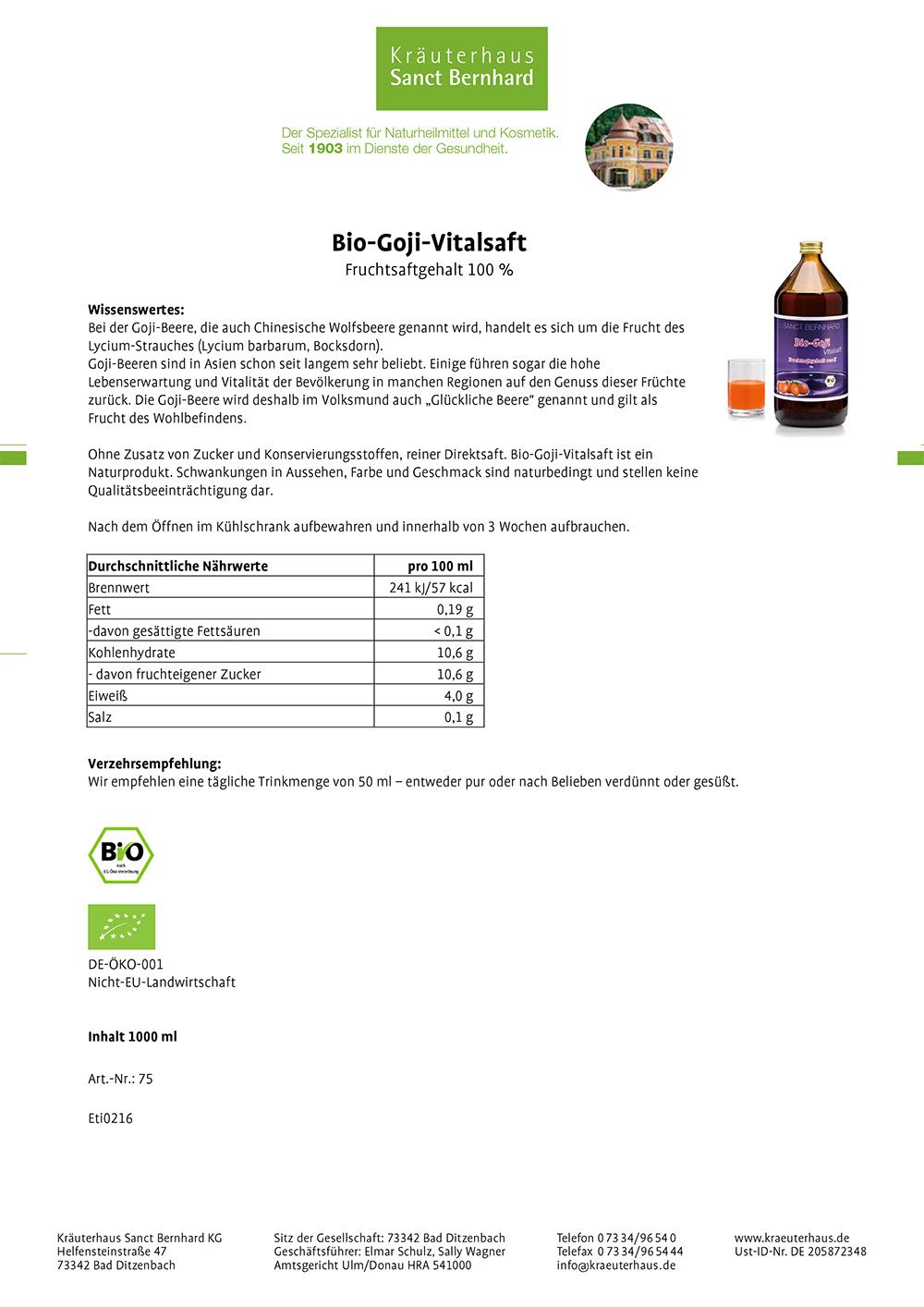 Sanct Bernhard Bio-Goji-Vitalsaft 1 l Saft