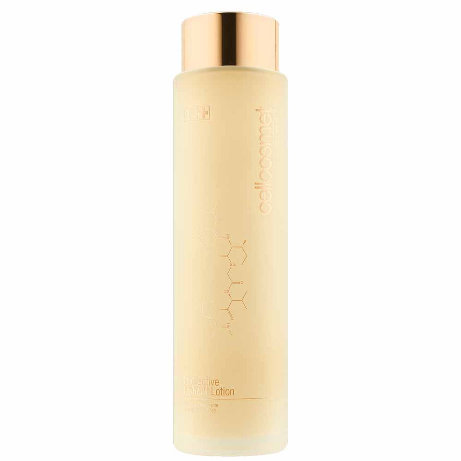 Zylindrische Flasche mit goldfarbenem Deckel. Aufschrift Cellcosmet und CellEctive CellLift Lotion.