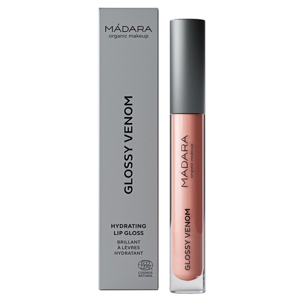 Lucidalabbra con confezione grigia. Nome del prodotto e marchio visibili. Tonalità Nude Coral. Certificazione COSMOS NATURAL.