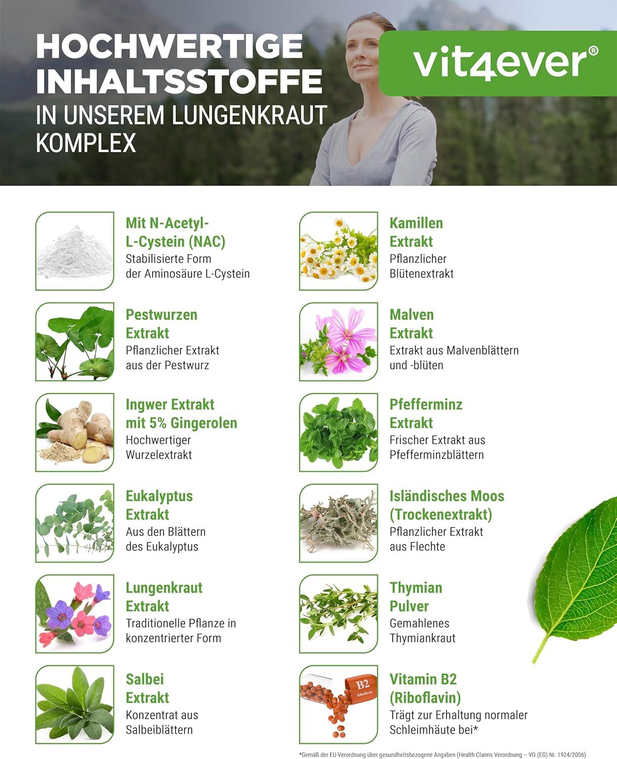 Infografik mit Inhaltsstoffen. Aufschrift: vit4ever. Enthält Kamillen-, Malven-, Ingwer-, Eukalyptus-, Lungenkraut-, Salbei-, Thymian-Extrakt.
