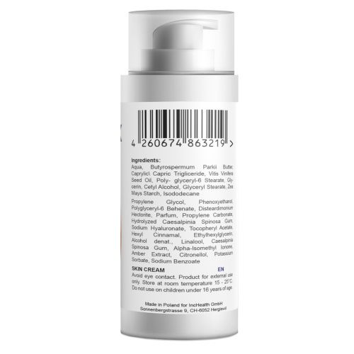 Rückseite einer weißen Flasche mit Pumpverschluss. Barcode und Zutatenliste in Englisch.