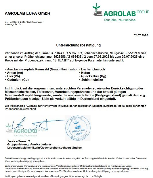 Laborbericht der Agrolab LUFA GmbH. Untersucht: Aerobe mesophile Keimzahl, Arsen, Blei, Cadmium, Quecksilber, Schimmelpilze.