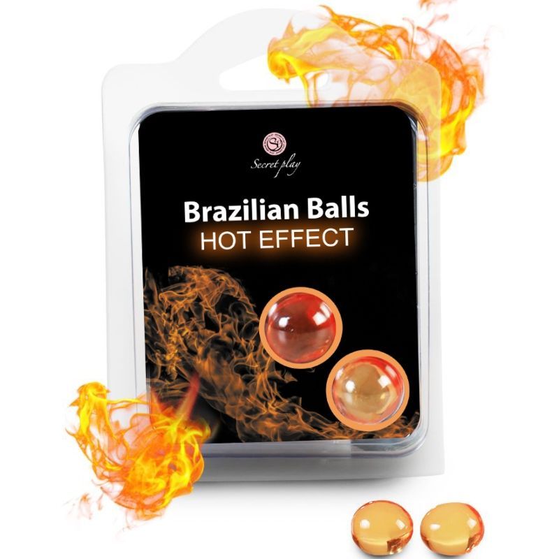Zwei Kugeln in Blisterverpackung. Aufschrift: Brazilian Balls HOT EFFECT. Flammen-Grafik. Zwei lose Kugeln unten.