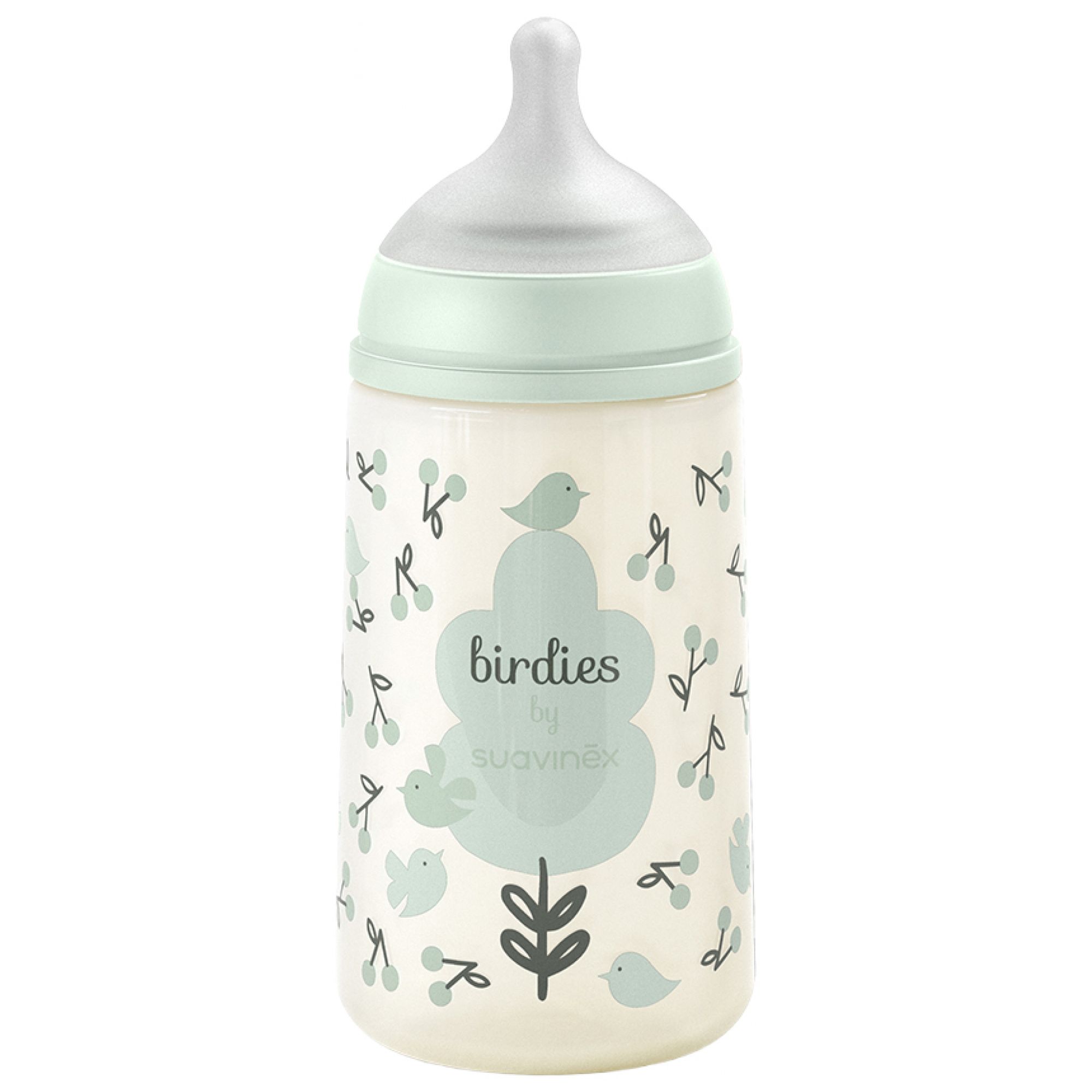 Suavinex Birdies Babyflasche Symmetrischer Sauger Mittlerer Durchfluss 3 Monate und Mehr ( Grün) 7,1x7,1x17,8 cm
