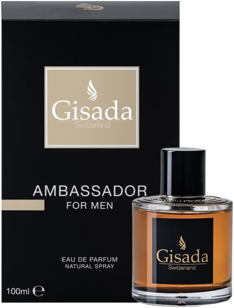 Glasflakon und schwarze Verpackung. Gisada-Logo, AMBASSADOR FOR MEN. 100ml, Natural Spray.