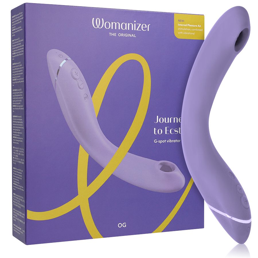 Verpackung und lila G-Punkt- und Klitorisstimulator. Text: Womanizer, Journey to Ecstasy, OG.